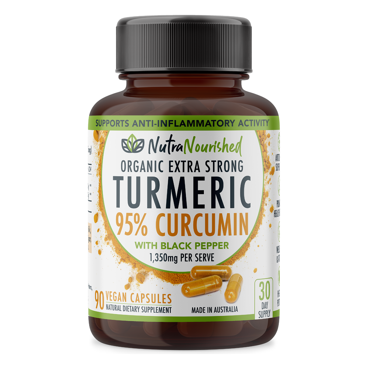 V497-CURCUMIN-CAPS-90-FBM-88735-00 Curcumin Tablets - 95% Pure Organic Vegan - Turmeric Extract Buffered with Black Pepper (1,350mg) - 90 Vegan Capsules - Image 1