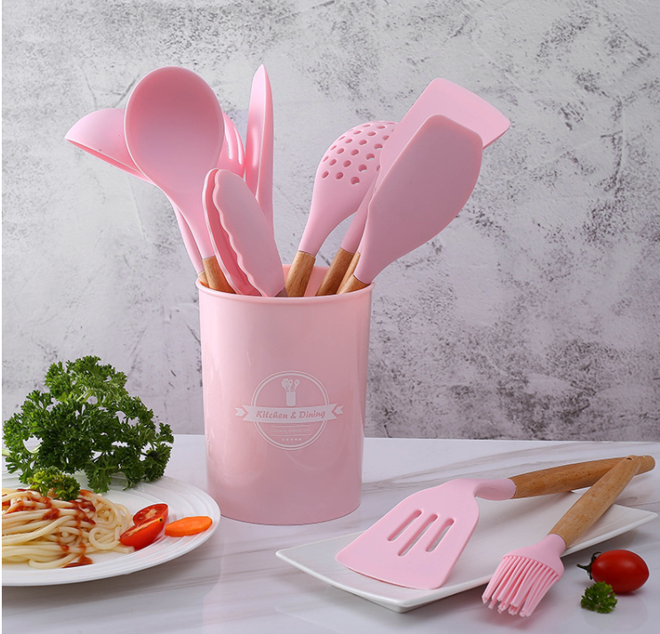 V498-12SILICONEPK-95113-00 12pcs Silicone Utensils Set Pink - Image 1