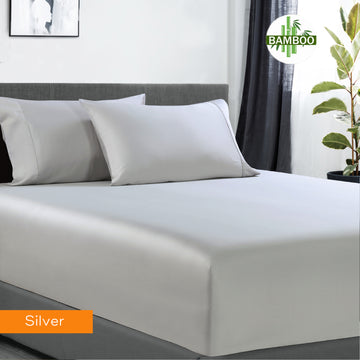 V517-BCFS-QSILBCSPC-94439-00 400 thread count bamboo cotton 1 fitted sheet with 2 pillowcases queen silver - Image 1