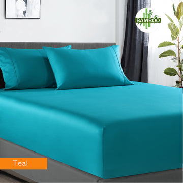 V517-BCFS-STEBCSPC-94624-00 400 thread count bamboo cotton 1 fitted sheet with 2 pillowcases single teal - Image 1