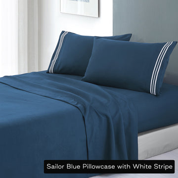 V517-EBMF1000-S-SB-94519-00 soft microfibre embroidered stripe sheet set single sailor blue pillowcase white stripe - Image 1