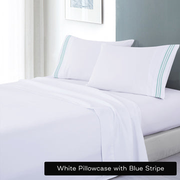 V517-EBMF1000-S-WBL-94670-00 soft microfibre embroidered stripe sheet set single white pillowcase blue stripe - Image 1