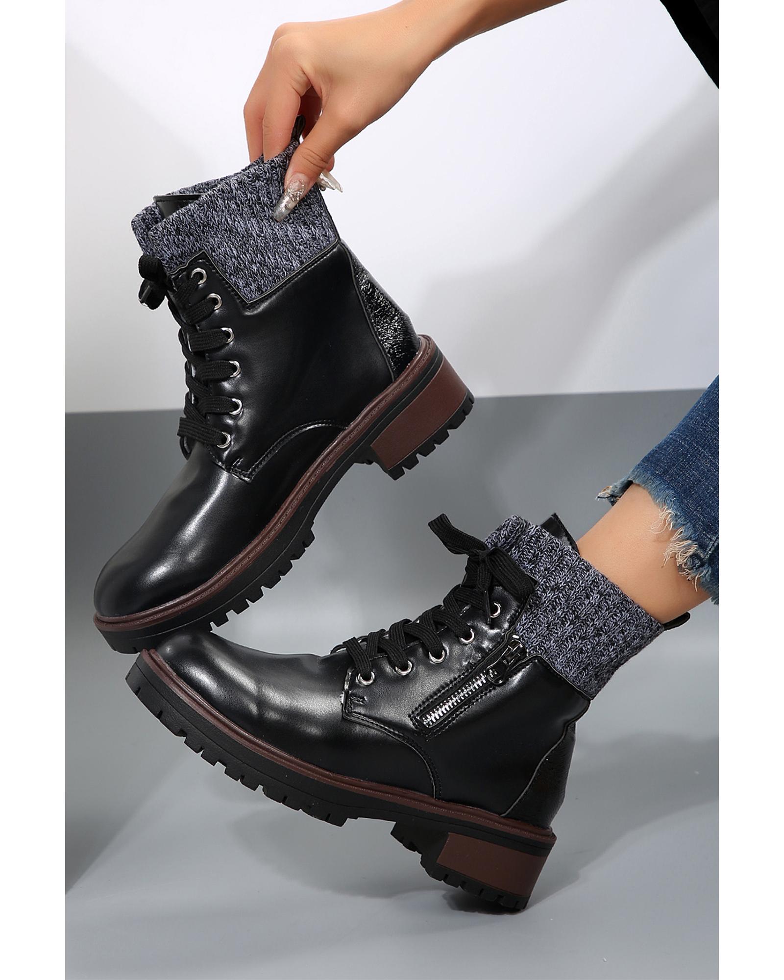 V539-AZEXBH021922-P2-39-202508271315-00 Black Knitted Patched Lace-up Heeled Ankle Boots - 39 EU - Image 1