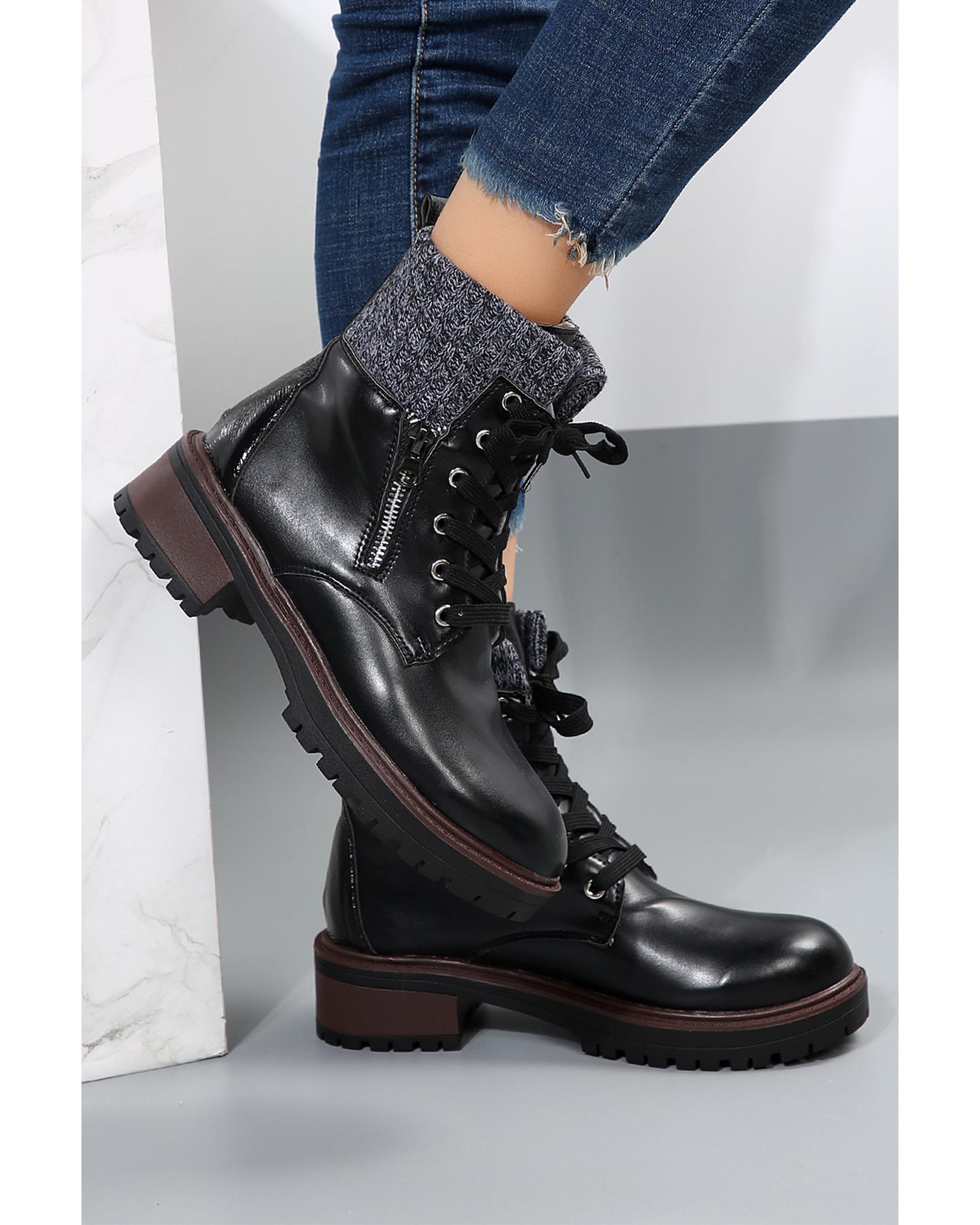 V539-AZEXBH021922-P2-42-202508271325-00 Black Knitted Patched Lace-up Heeled Ankle Boots - 42 EU - Image 1