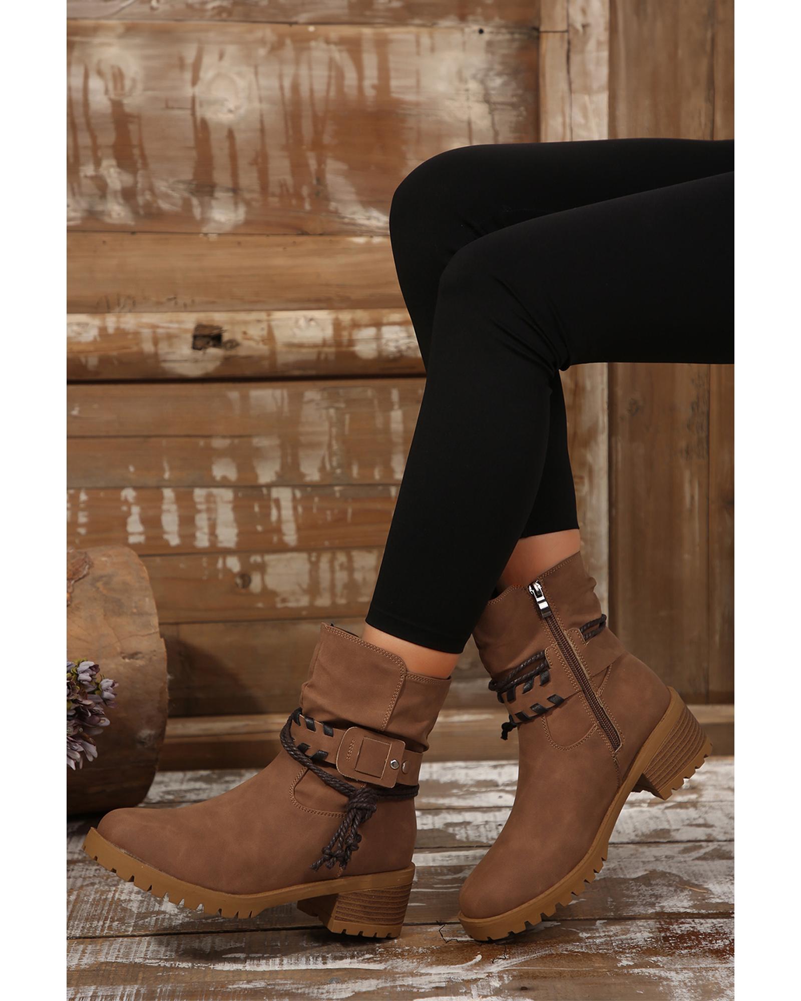 V539-AZEXBH022091-P2017-40-202508271610-00 Chestnut Suede Woven Lace-up Strap Side Zip Boots - 40 EU - Image 1