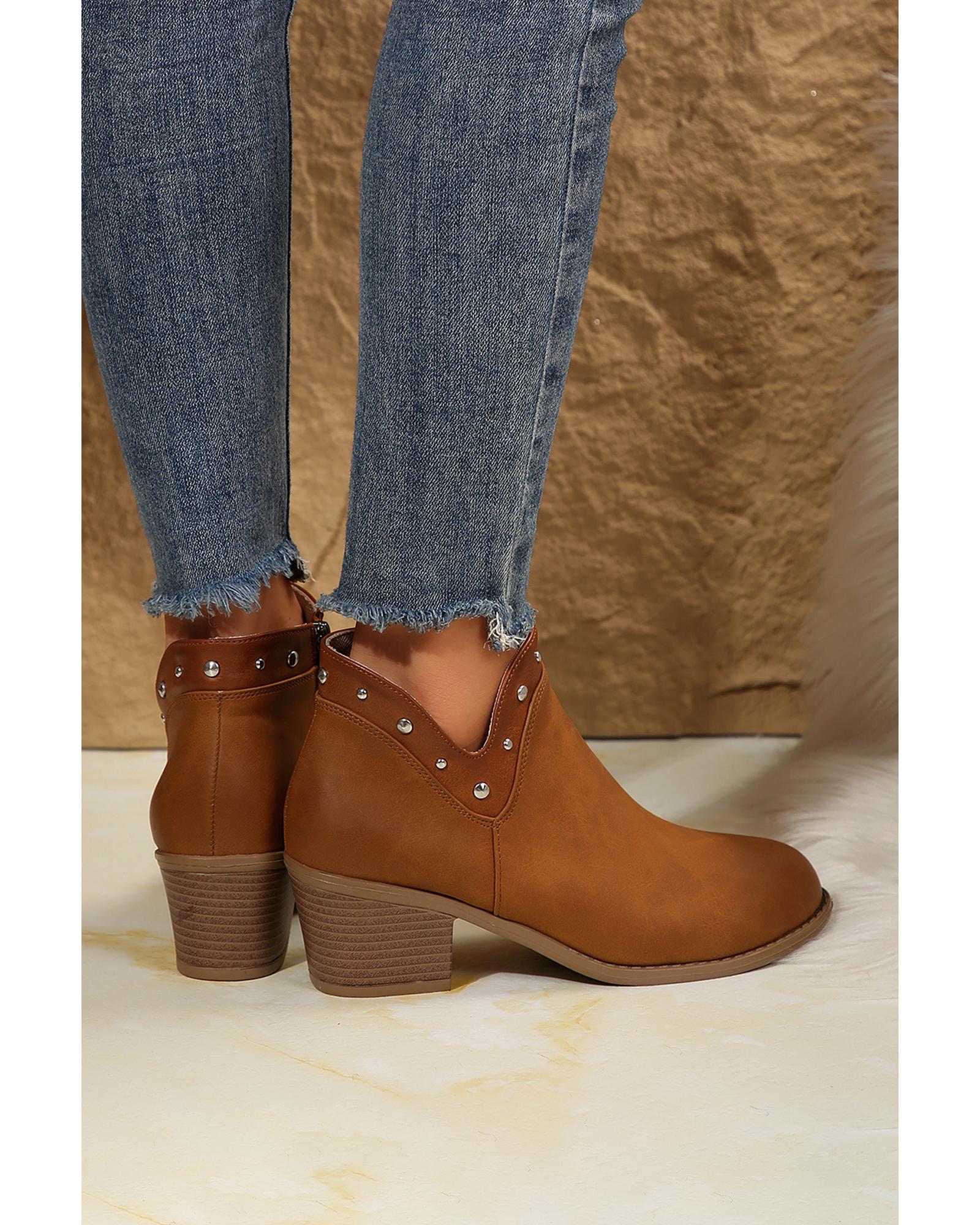 V539-AZEXBH023014-P2017-41-202508271650-00 Chestnut Studded Faux Leather Chunky Heel Ankle Boots - 41 EU - Image 1