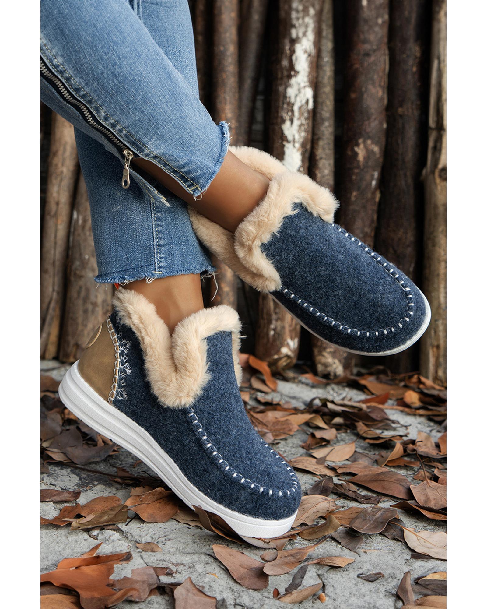 V539-AZEXBH023015-P305-37-202506111837-00 Blue Suede Stitching Patchwork Plush Lined Anklet Boots - 37 EU - Image 1