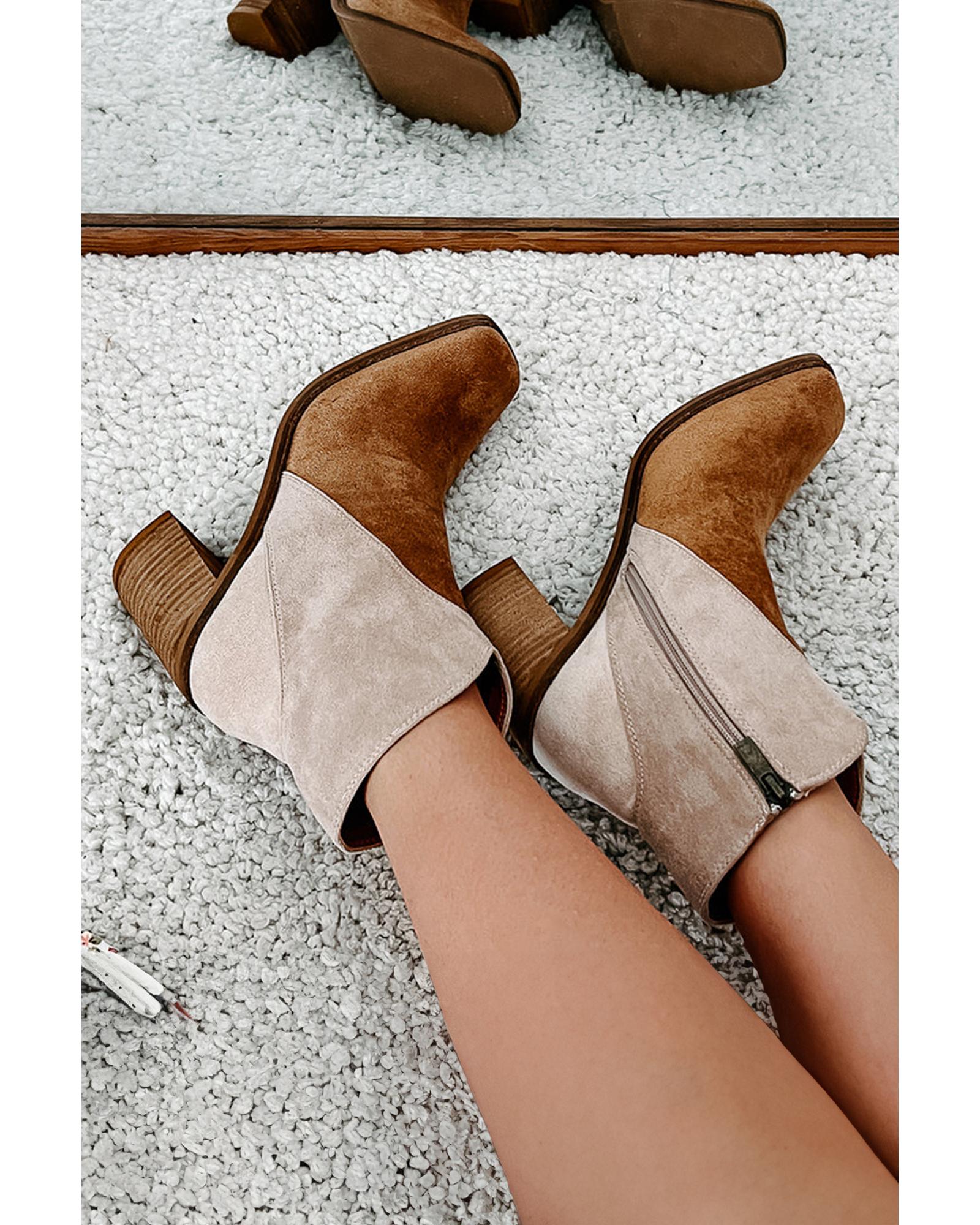 V539-AZEXBH023085-P1016-37-202506111853-00 Camel Two Tone Faux Suede Square Toe Chunky Heel Boots - 37 EU - Image 1