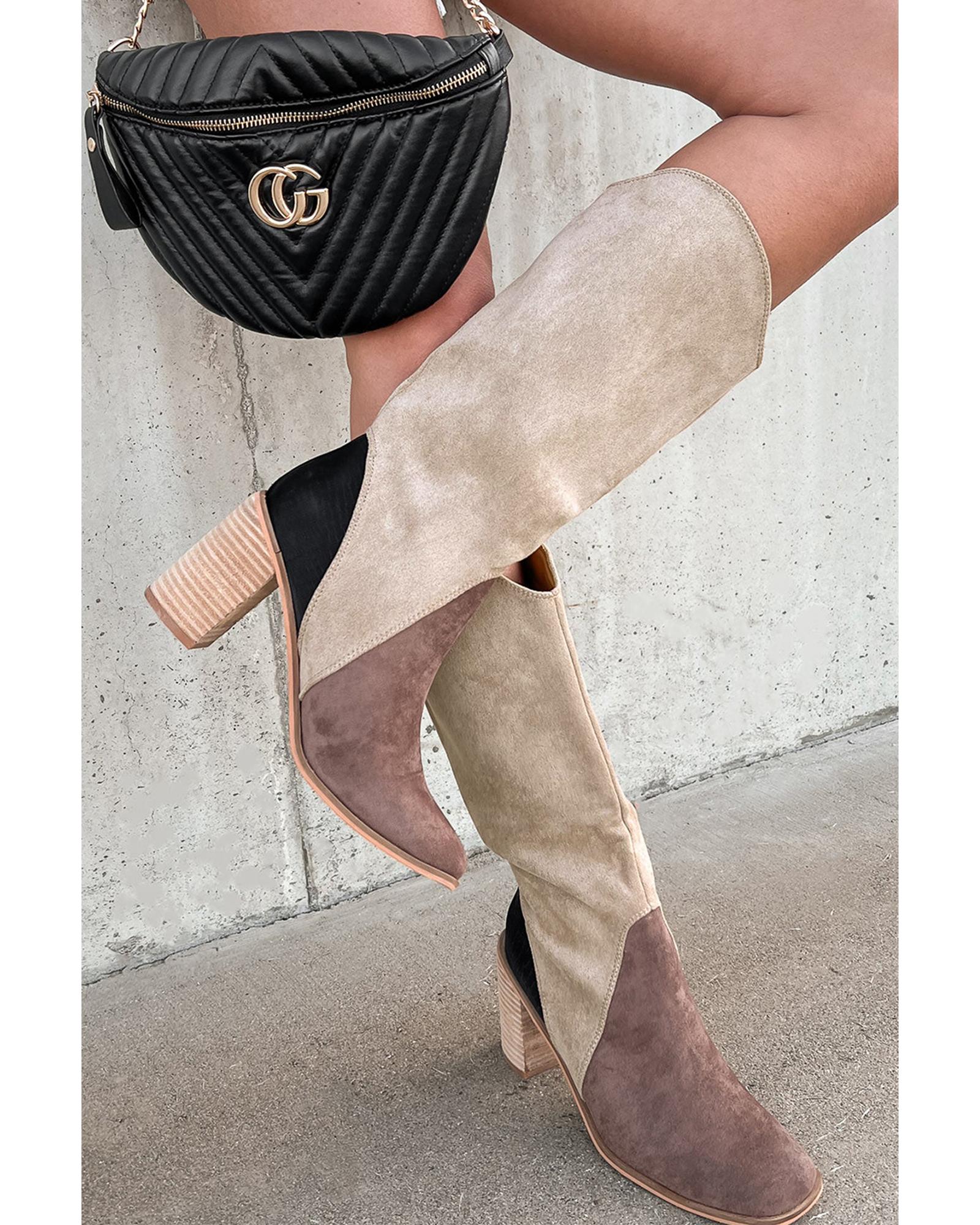 V539-AZEXBH023337-P1017-39-202508271940-00 Coffee Suede Calf Length Chunky Heel Boots - 39 EU - Image 1