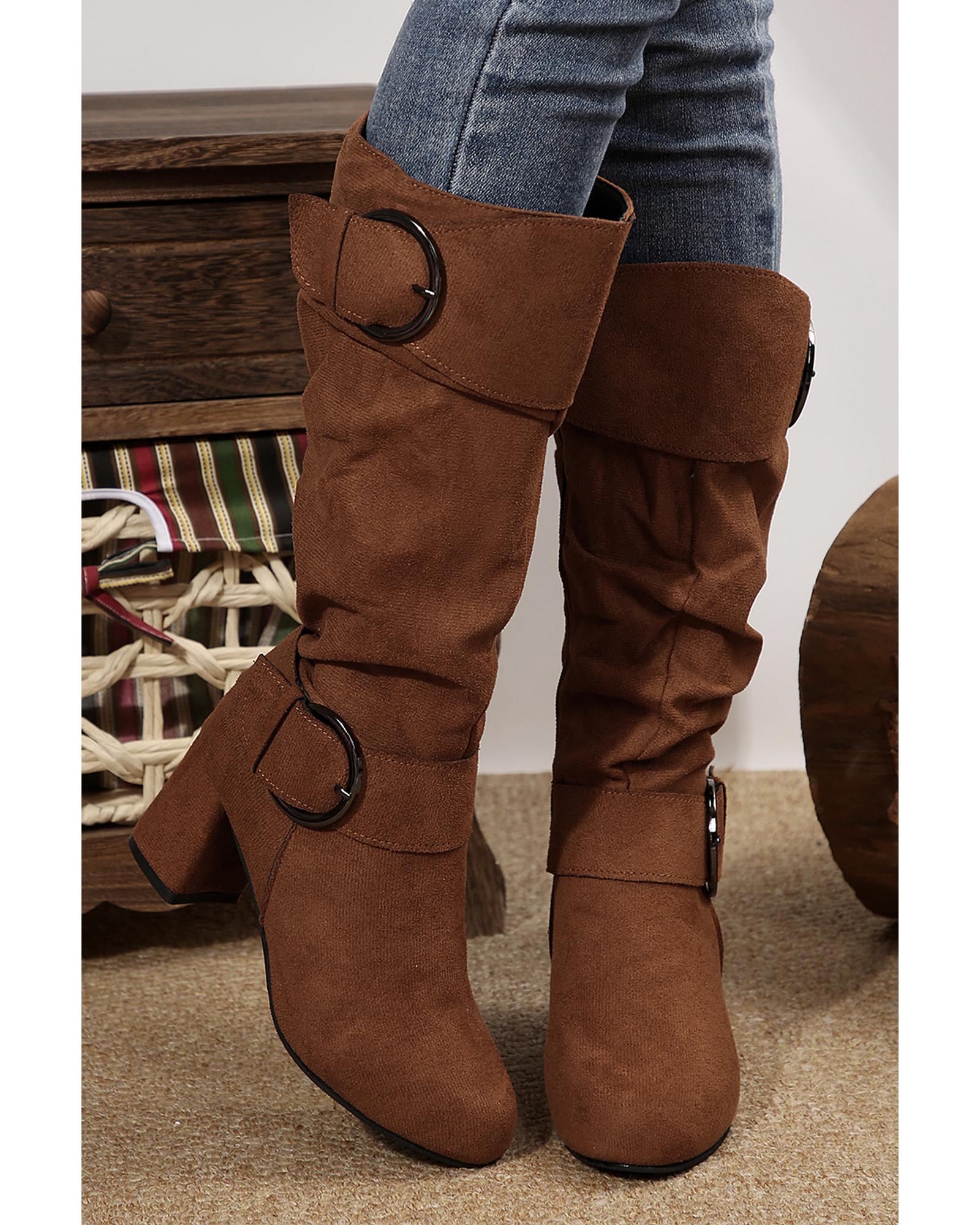 V539-AZEXBH023339-P1017-40-202508271550-00 Coffee Suede Double Buckled Side Zipped Mid-calf Boots - 40 EU - Image 1