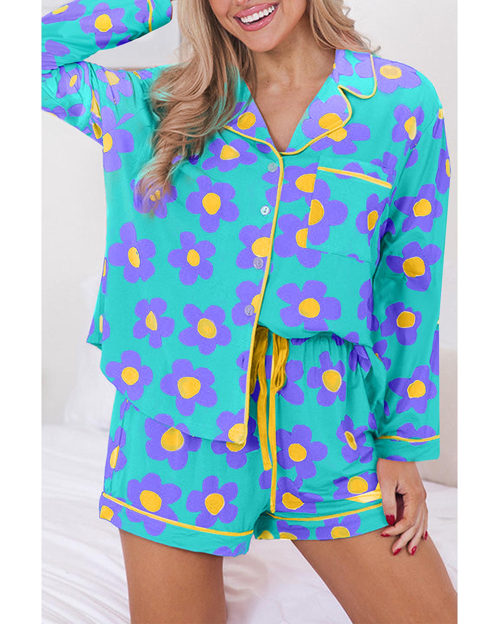 V539-AZEXDC151030-P920-M-202508271035-00 Green Flower Print Long Sleeve Shirt Shorts Pajamas Set - M - Image 1