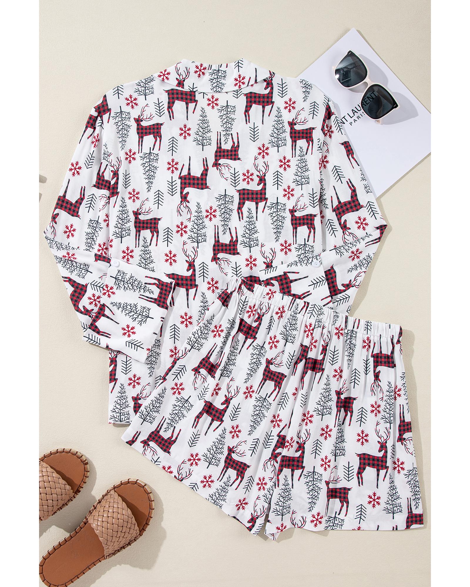 V539-AZEXDC151059-P1-S-202506112221-00 White Christmas Deer Printed Shirt and Shorts Lounge Set - S - Image 1