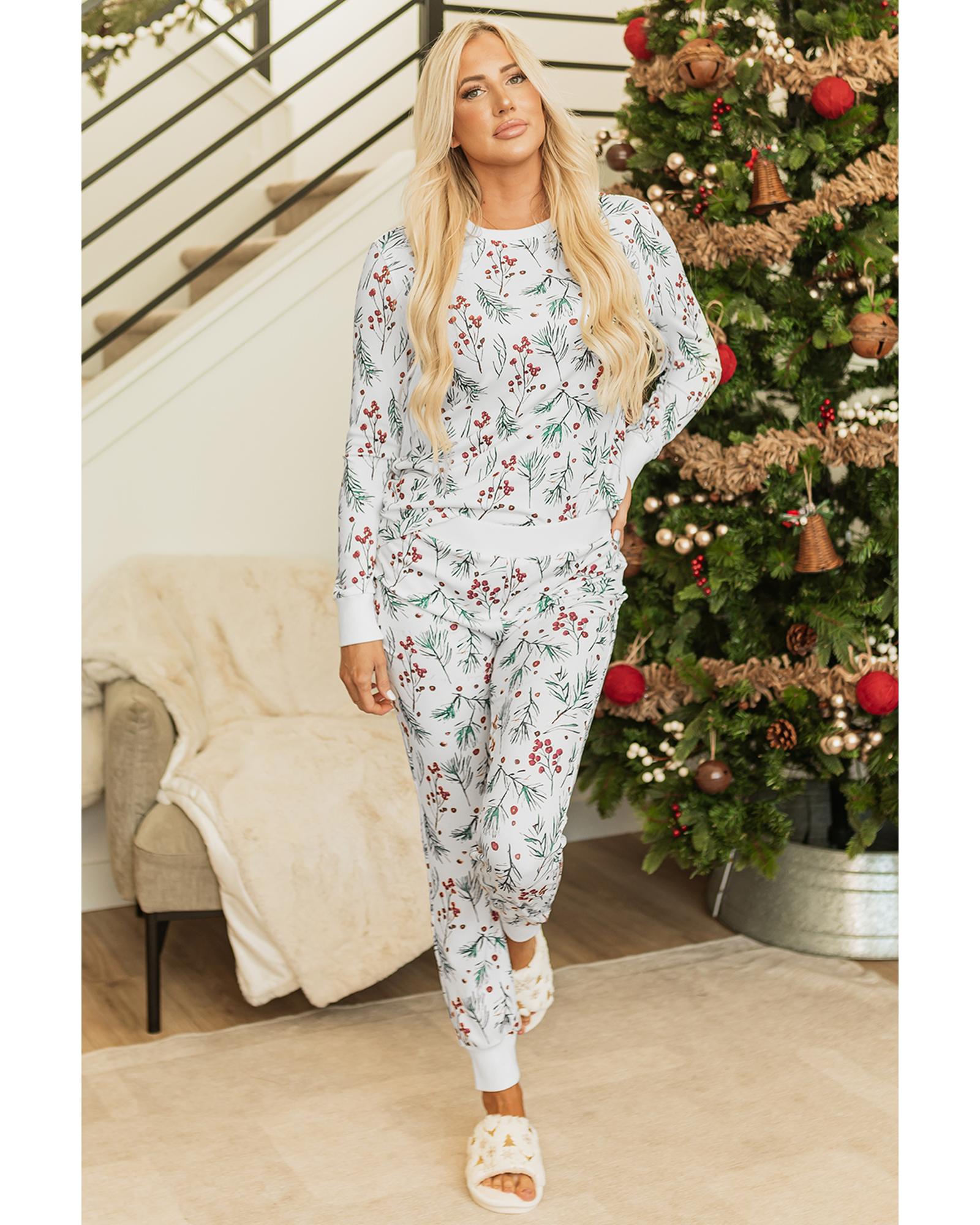 V539-AZEXDC151064-P120-M-202508271725-00 White Holly Print Thermal Pullover Pants Lounge Set - M - Image 1