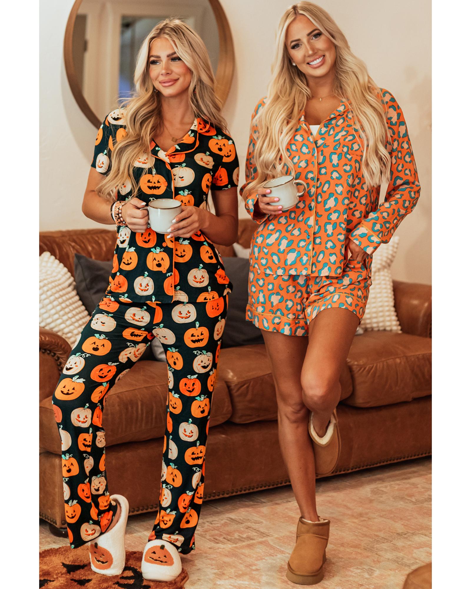 V539-AZEXDC151065-P1420-L-202508272025-00 Orange Halloween Pattern Short Sleeve Shirt Pajama Set - L - Image 1