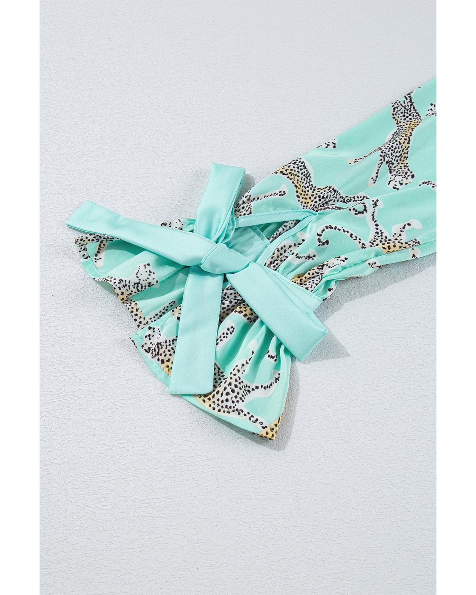 V539-AZEXDC151102-P920-M-202508271630-00 Green Leopard Satin Ruffle Pajama Short Set - M - Image 1