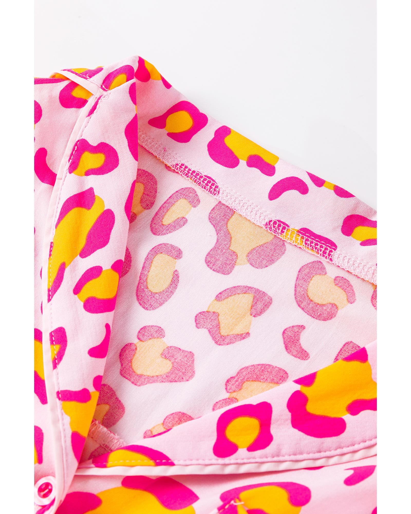 V539-AZEXDC151110-P1020-XL-202508280000-00 Pink Leopard Print Long Sleeve Shirt and Shorts Pajama Set - XL - Image 1