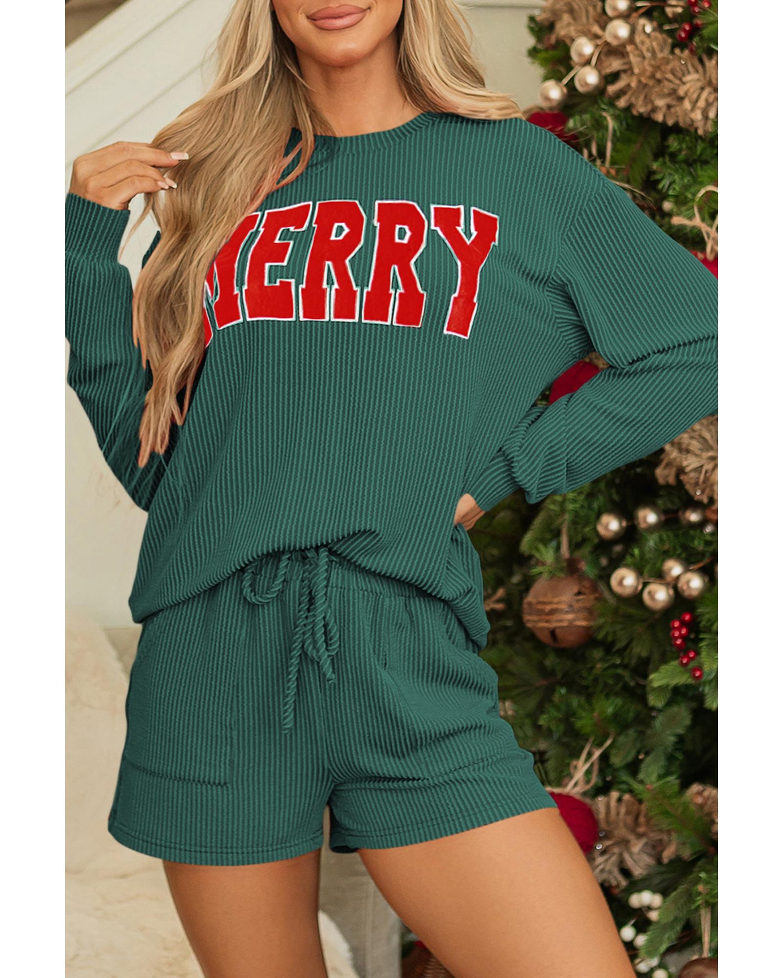 V539-AZEXDC151125-P2509-S-202508270315-00 Evergreen Corded MERRY Graphic Long Sleeve Top and Shorts Set - S - Image 1