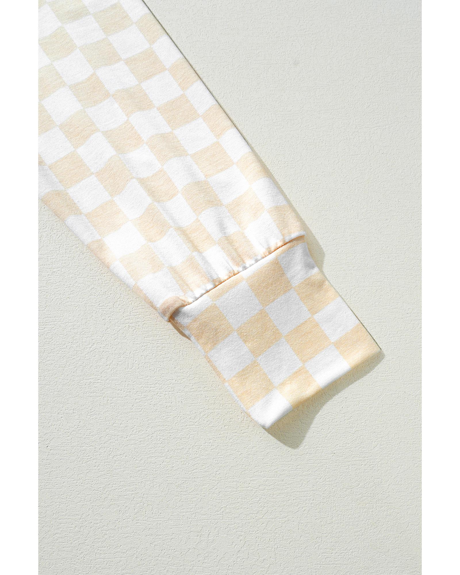 V539-AZEXDC151141-P1520-XL-202508270735-00 Beige Checkered Print Long Sleeve Top and Pants Lounge Set - XL - Image 1