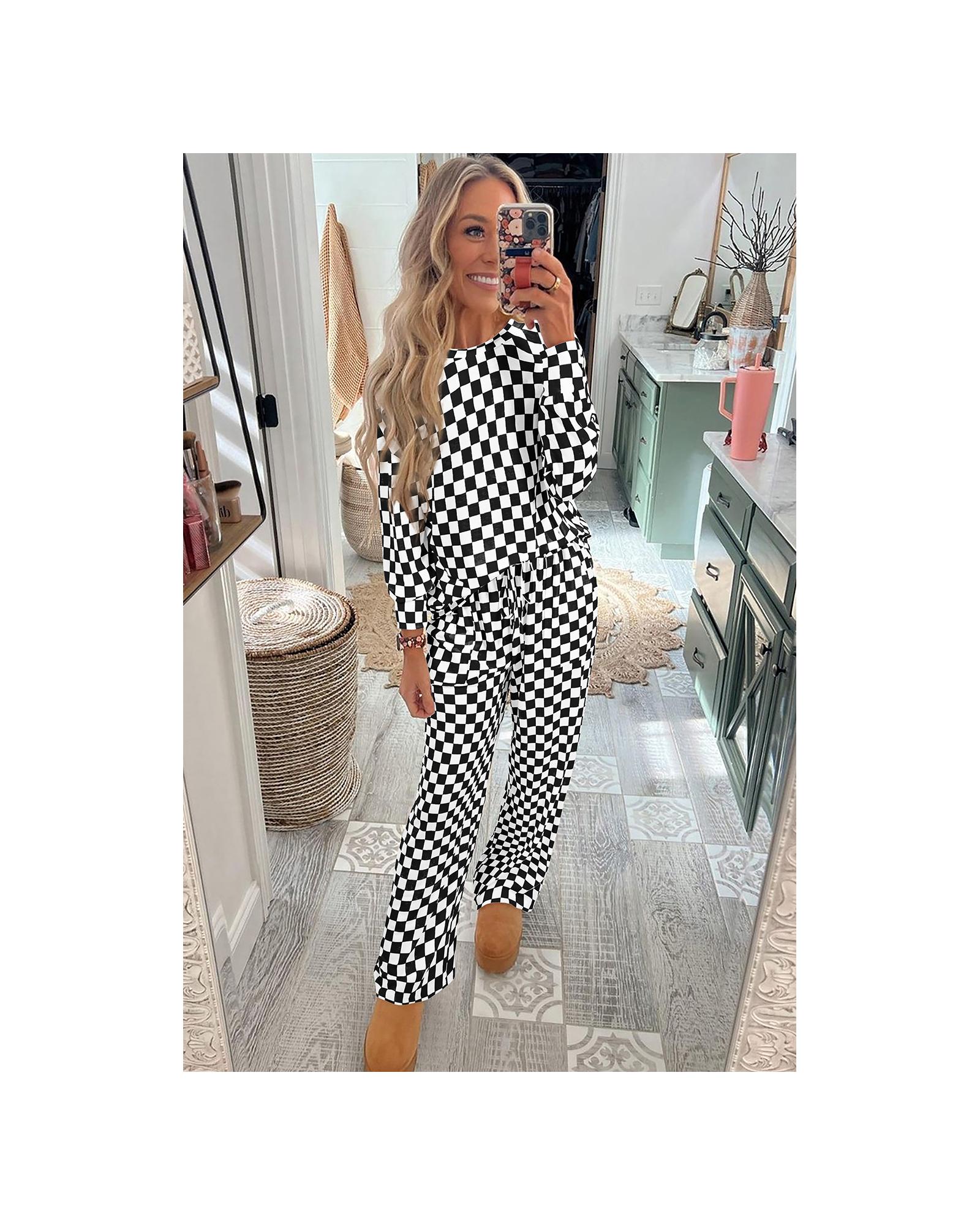 V539-AZEXDC151141-P220-L-202508270930-00 Black Checkered Print Long Sleeve Top and Pants Lounge Set - L - Image 1
