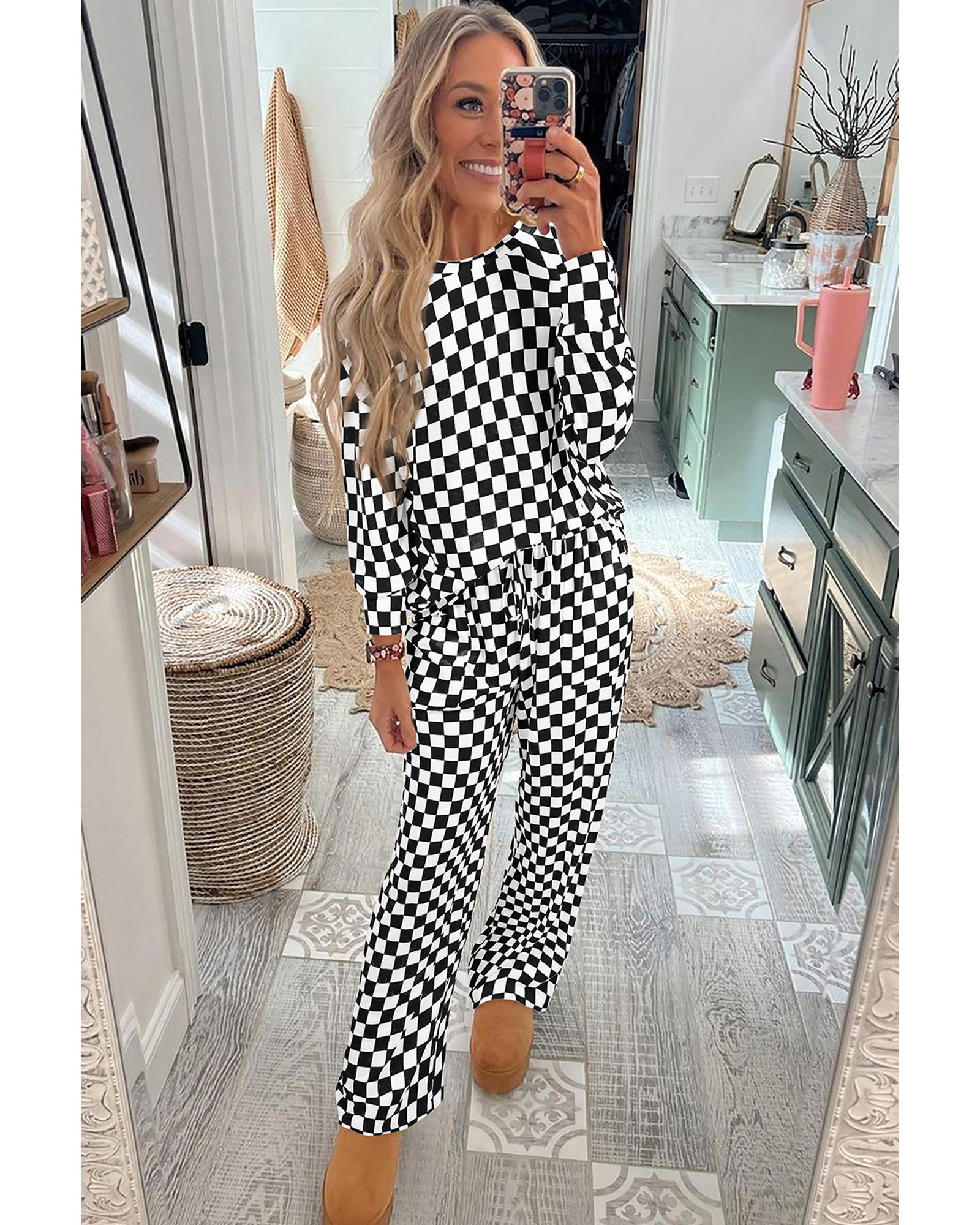 V539-AZEXDC151141-P220-XL-202508271355-00 Black Checkered Print Long Sleeve Top and Pants Lounge Set - XL - Image 1
