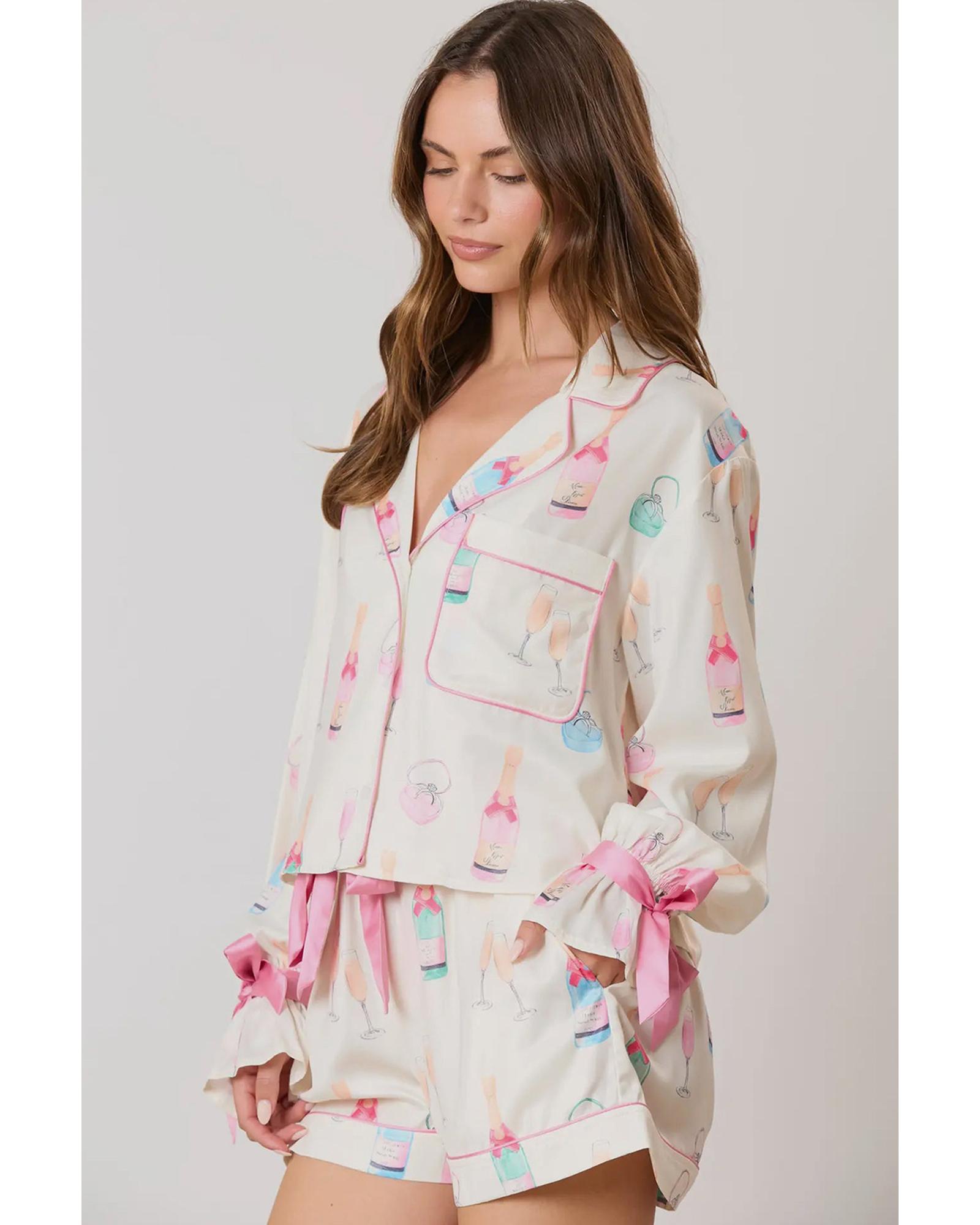 V539-AZEXDC151149-P120-L-202508271610-00 Azura Exchange White Christmas Wine Glass Print Bow Knot Two Piece Pajama Set - L - Image 1