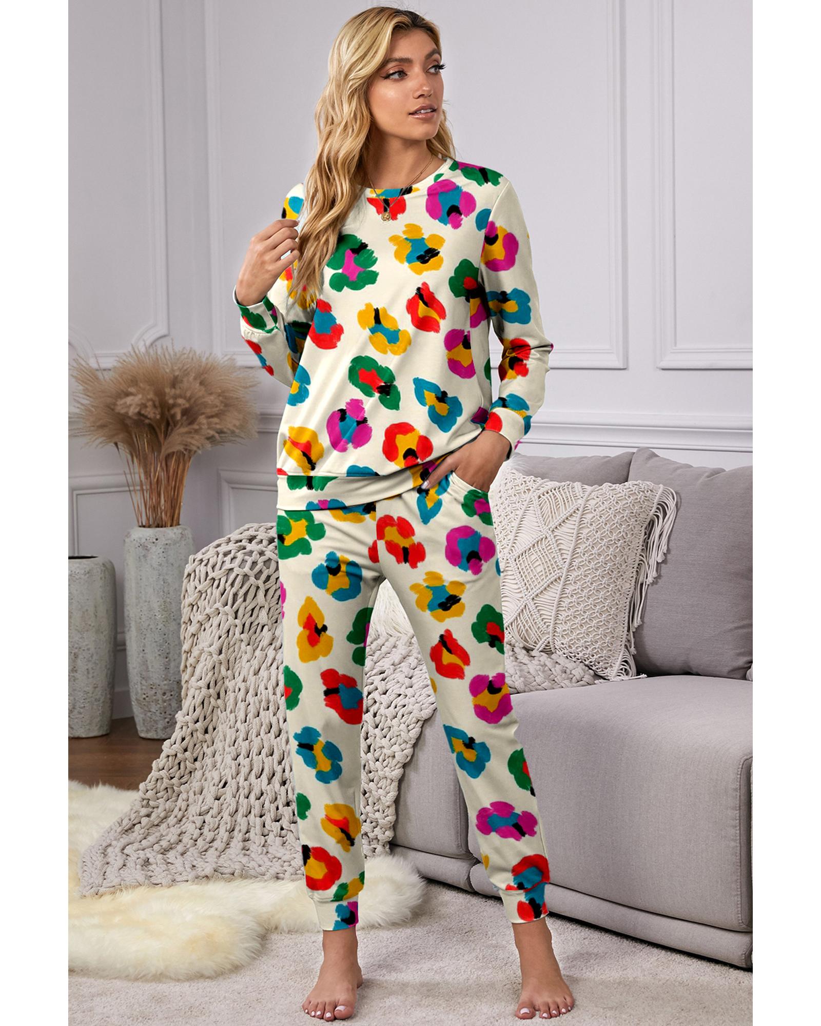 V539-AZEXDC151270-P1820-M-202508271230-00 Apricot Leopard Print Long Sleeve Top and Skinny Pants Lounge Set - M - Image 1