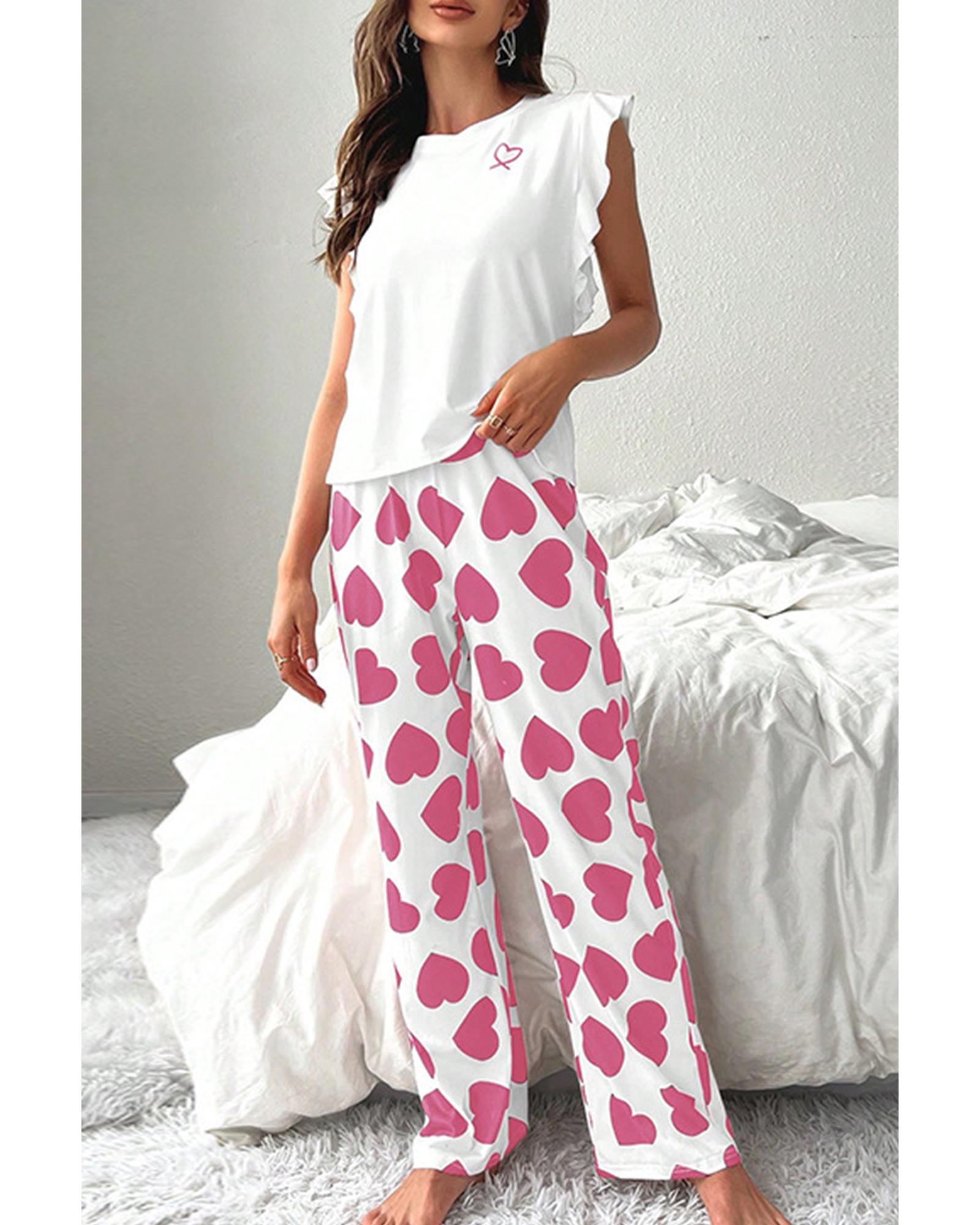 V539-AZEXDC151342-P1020-M-202506112120-00 Pink Ruffled Tank Top And Heart Print Pants Lounge Set - M - Image 1