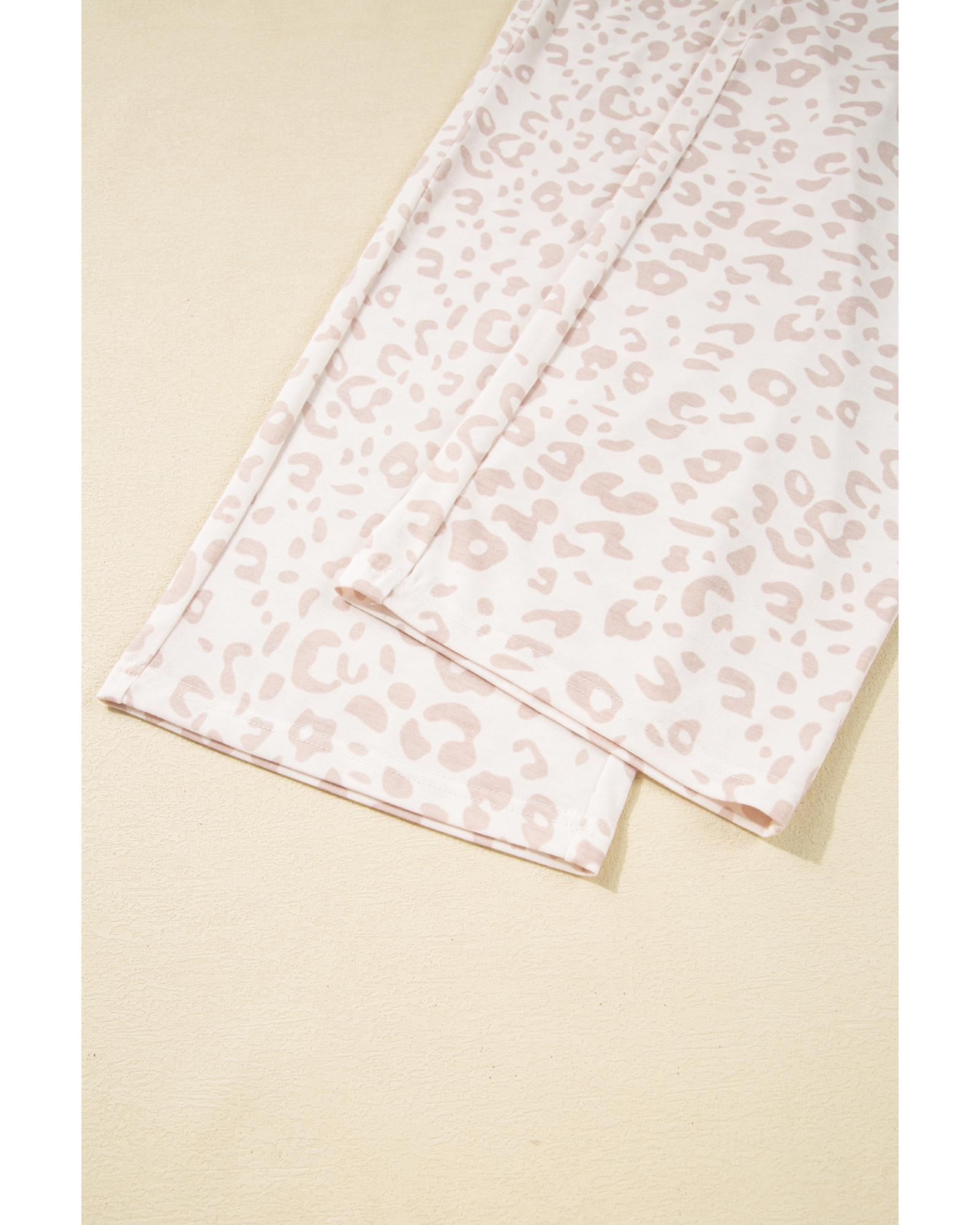 V539-AZEXDC151411-P1520-S-202506112215-00 Beige Cheetah V Neck Tee and Pants Lounge Set - S - Image 1