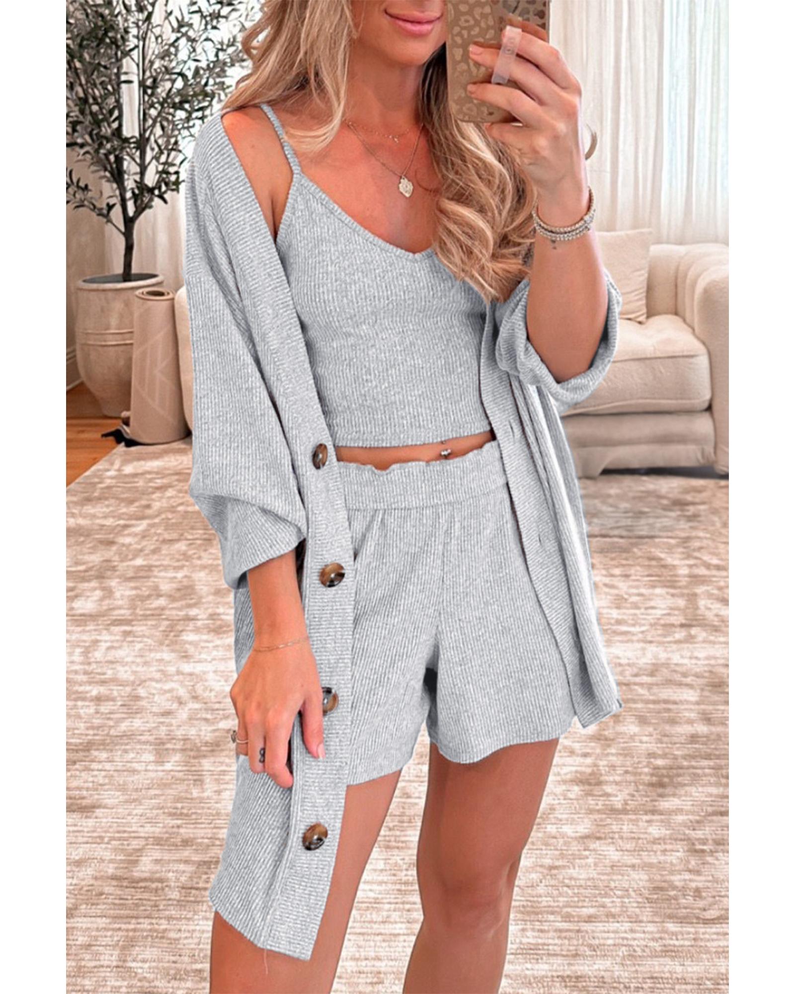 V539-AZEXDC151427-P1011-L-202508271325-00 Light Grey 3 Pieces Rib Crop Camisole Matching Shorts Lounge Set with Cardigan - L - Image 1