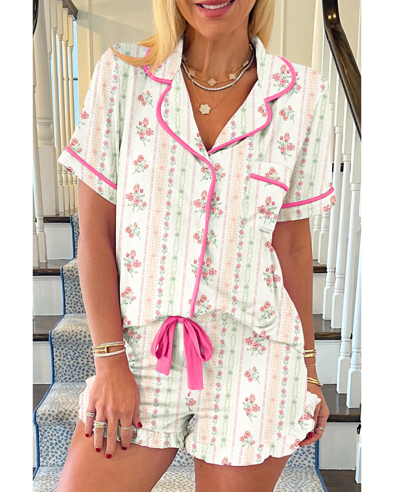 V539-AZEXDC151494-P101520-M-202508271930-00 Beige Floral Print Contrast Pipping Short Pajamas Set - M - Image 1