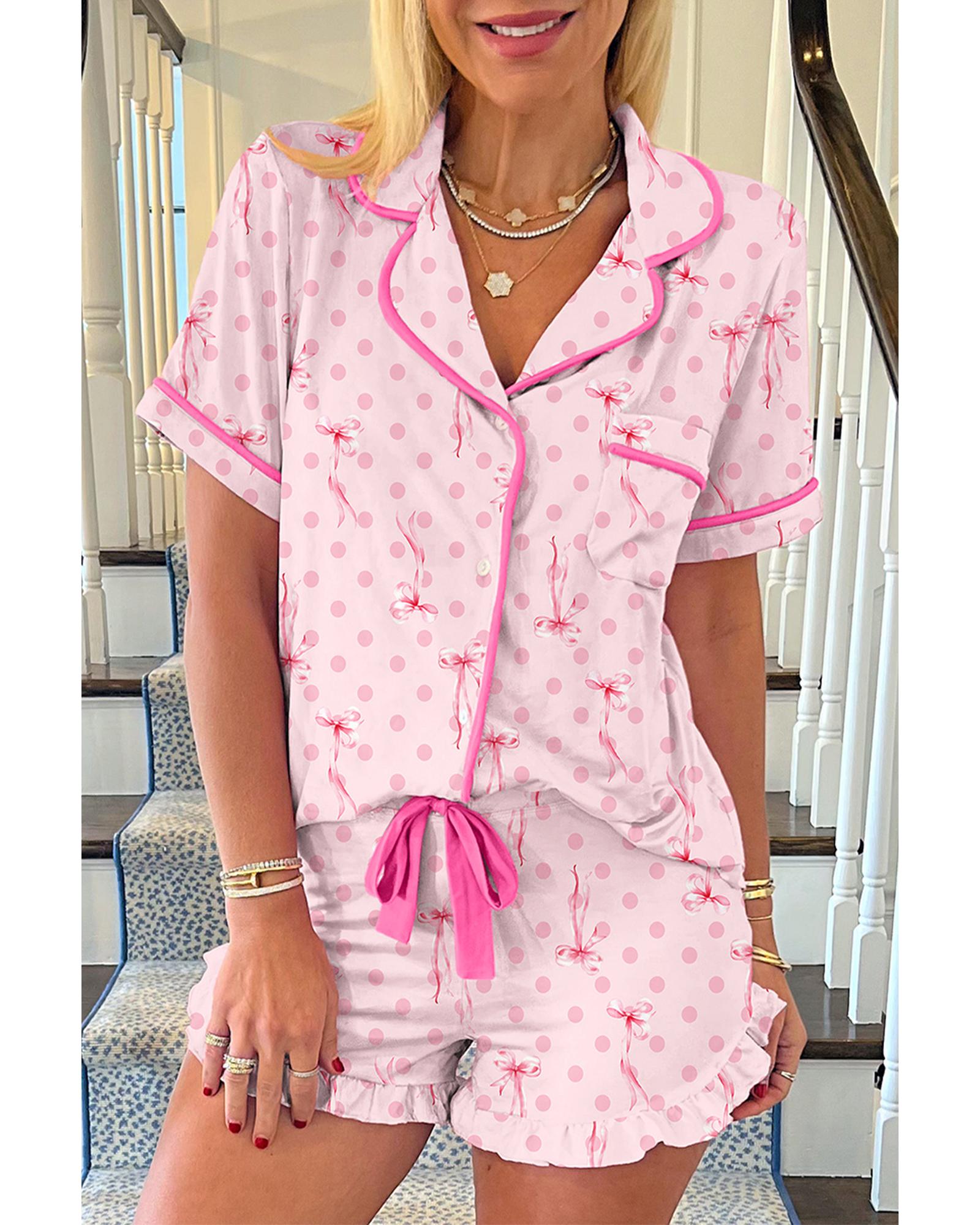 V539-AZEXDC151494-P1020-S-202506112310-00 Pink Bow Print Contrast Pipping Short Pajamas Set - S - Image 1