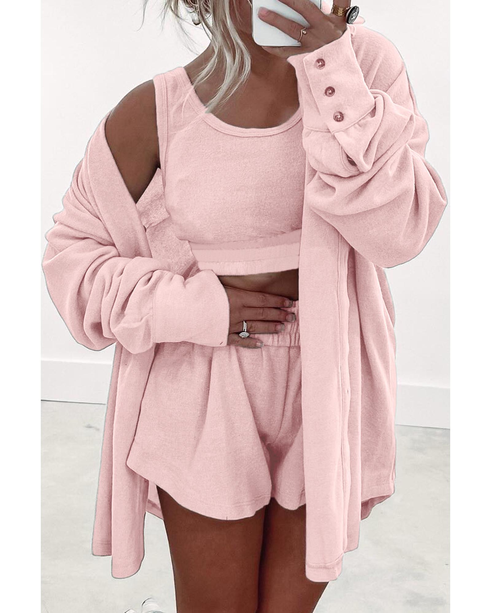 V539-AZEXDC151503-P1010-S-202508270900-00 Light Pink 3 Pcs Crop Tank Top Shorts with Cardigan Lounge Set - S - Image 1