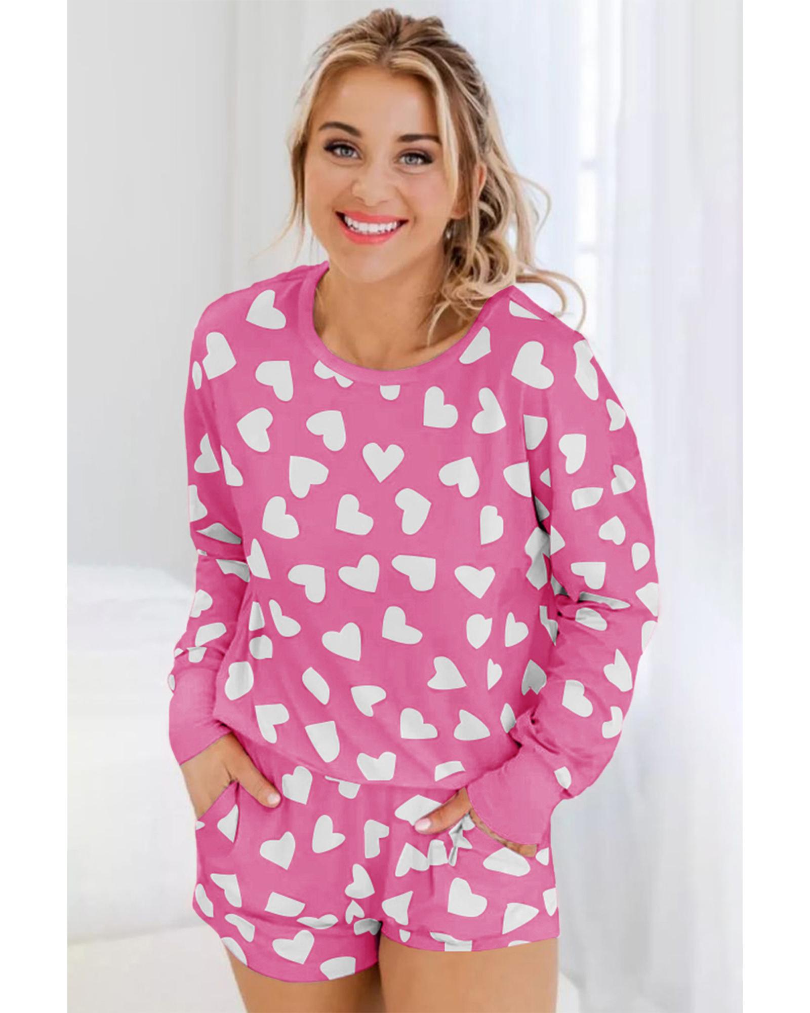 V539-AZEXDC15803-P101020-M-202508270535-00 Pink Valentine Heart Shape Print Long Sleeve Top Shorts Lounge Set - M - Image 1
