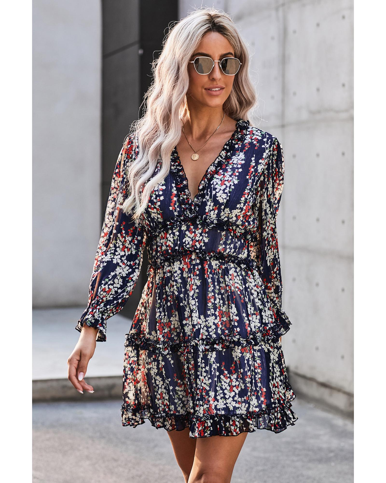 V539-AZEXDC220829-5-XL-202508270630-00 Blue Ruffle Detailing Open Back Floral Dress - XL - Image 1