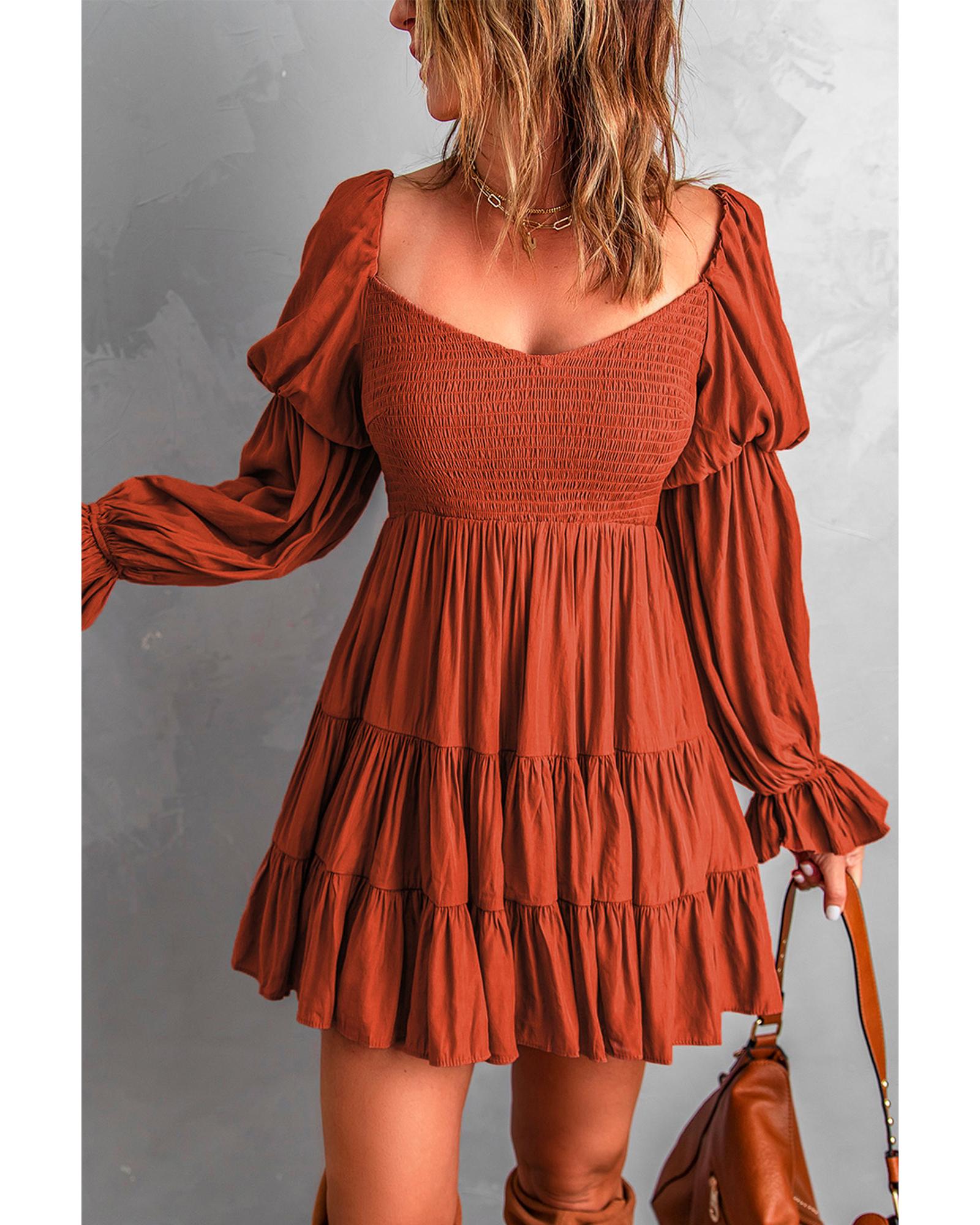 V539-AZEXDC2210818-17-L-202508270750-00 Brown Boho Solid Shirred Ruffle Mini Dress - L - Image 1