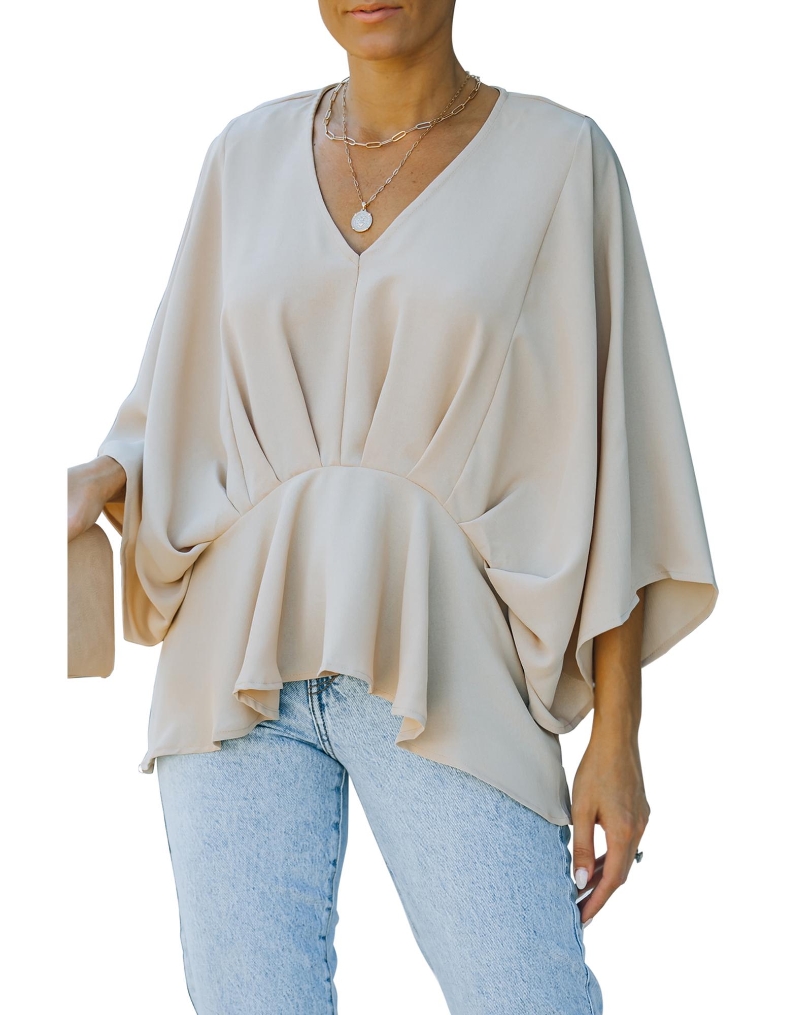 V539-AZEXDC25114433-18-M-202508291140-00 Azura Exchange Pleated Batwing Sleeve V Neck Blouse in 100% Polyester - M - Image 1