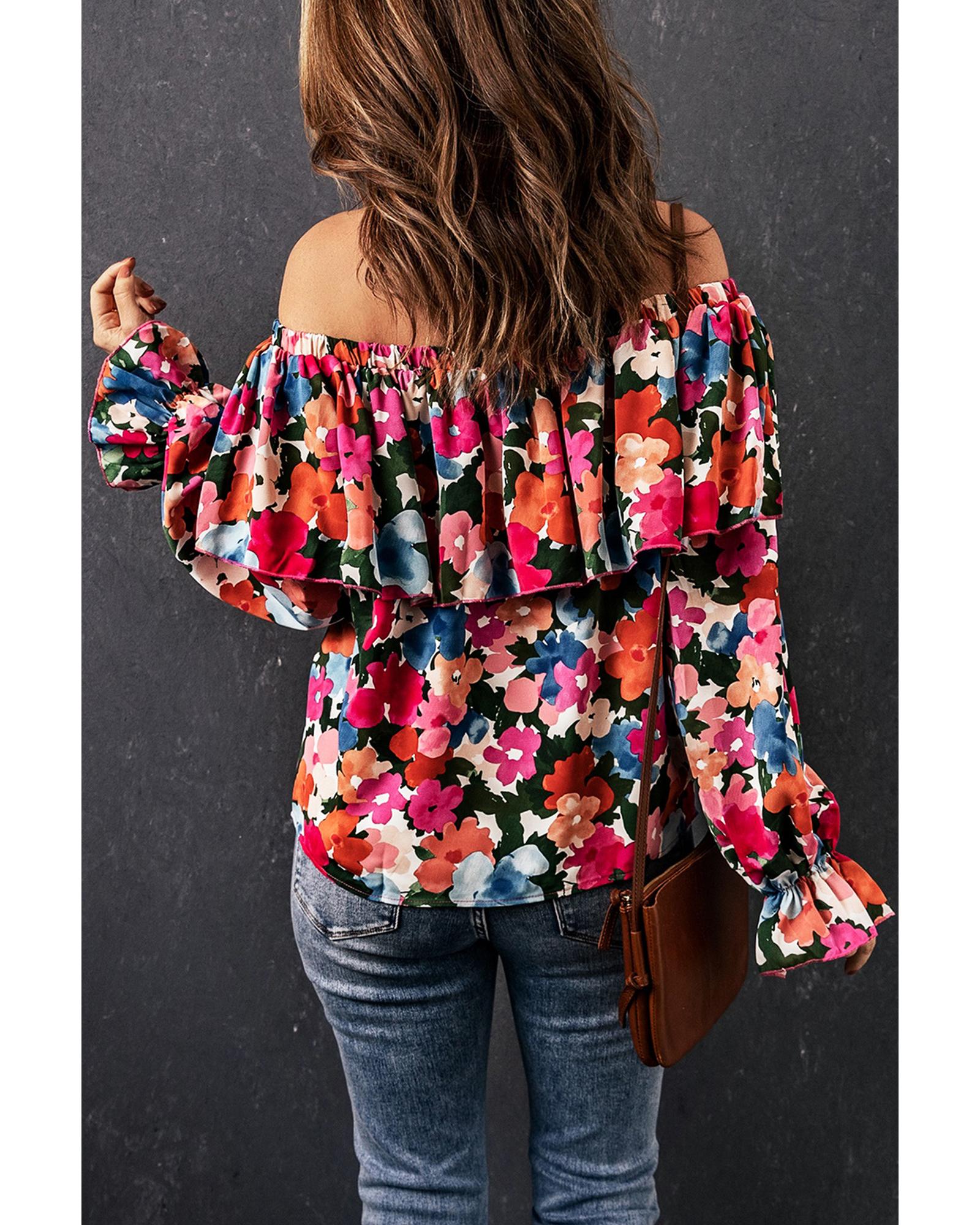 V539-AZEXDC25115744-22-L-202508260830-00 Azura Exchange Floral Print Off Shoulder Blouse - L - Image 1