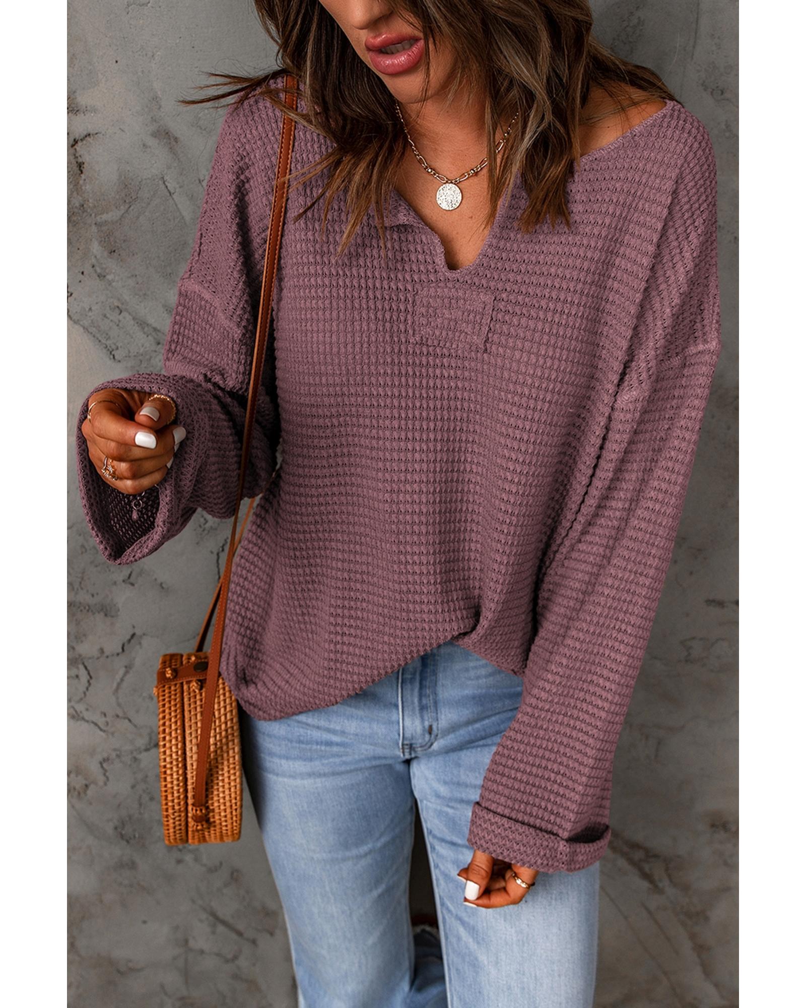 V539-AZEXDC25116806-17-XL-202508290645-00 Azura Exchange Loose Waffle Knit Long Sleeve Top - XL - Image 1