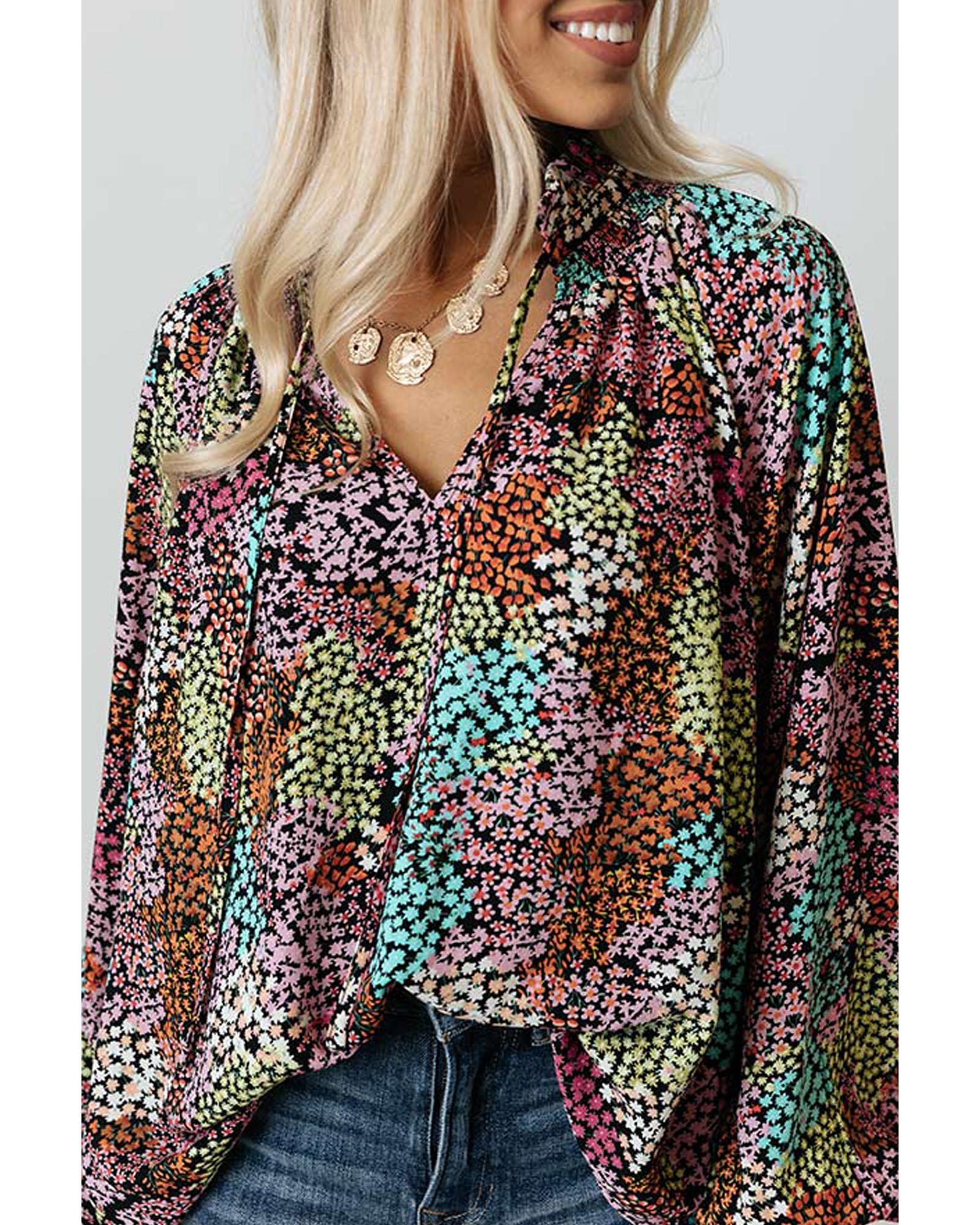 V539-AZEXDC25116906-22-XL-202508252130-00 Azura Exchange Vibrant Floral Tie V Neck Puff Sleeve Blouse - XL - Image 1