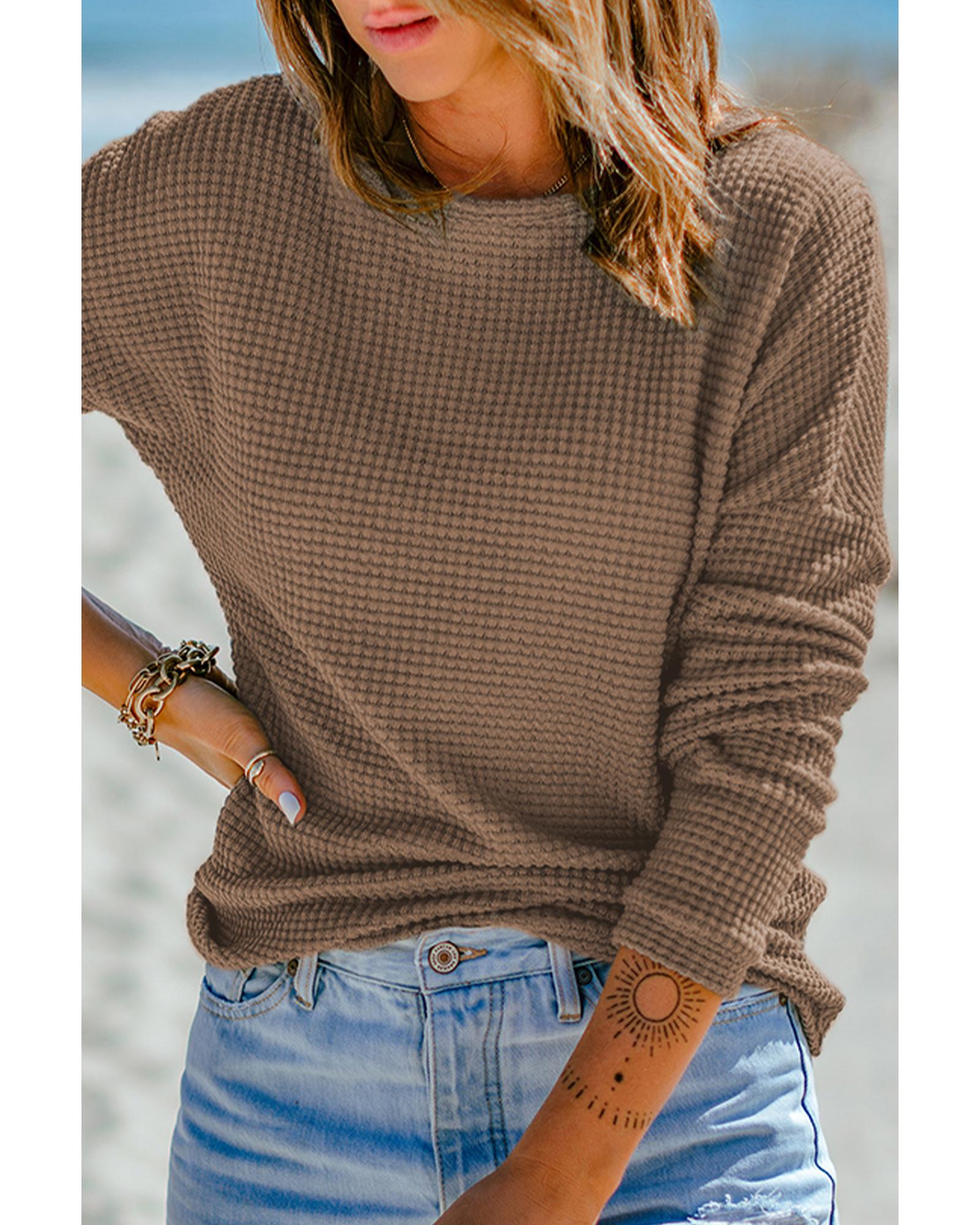 V539-AZEXDC25117020-P5017-XL-202508270830-00 Dark Brown Waffle Knit Drop Shoulder Long Sleeve Top - XL - Image 1