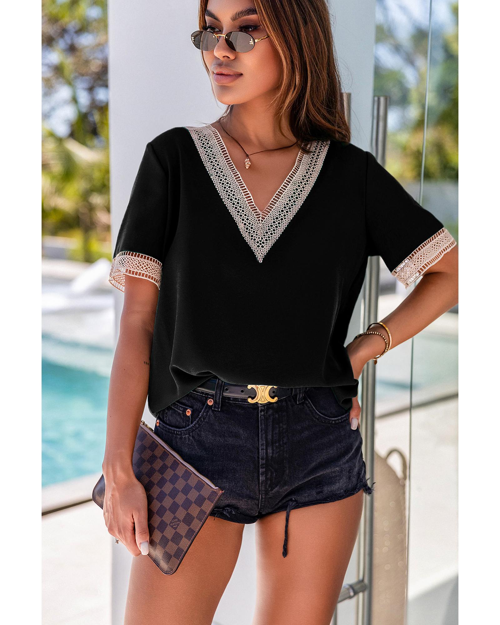 V539-AZEXDC25118904-2-XL-202508260030-00 Azura Exchange V-Neck Short Sleeve Blouse with Lace Trim - XL - Image 1