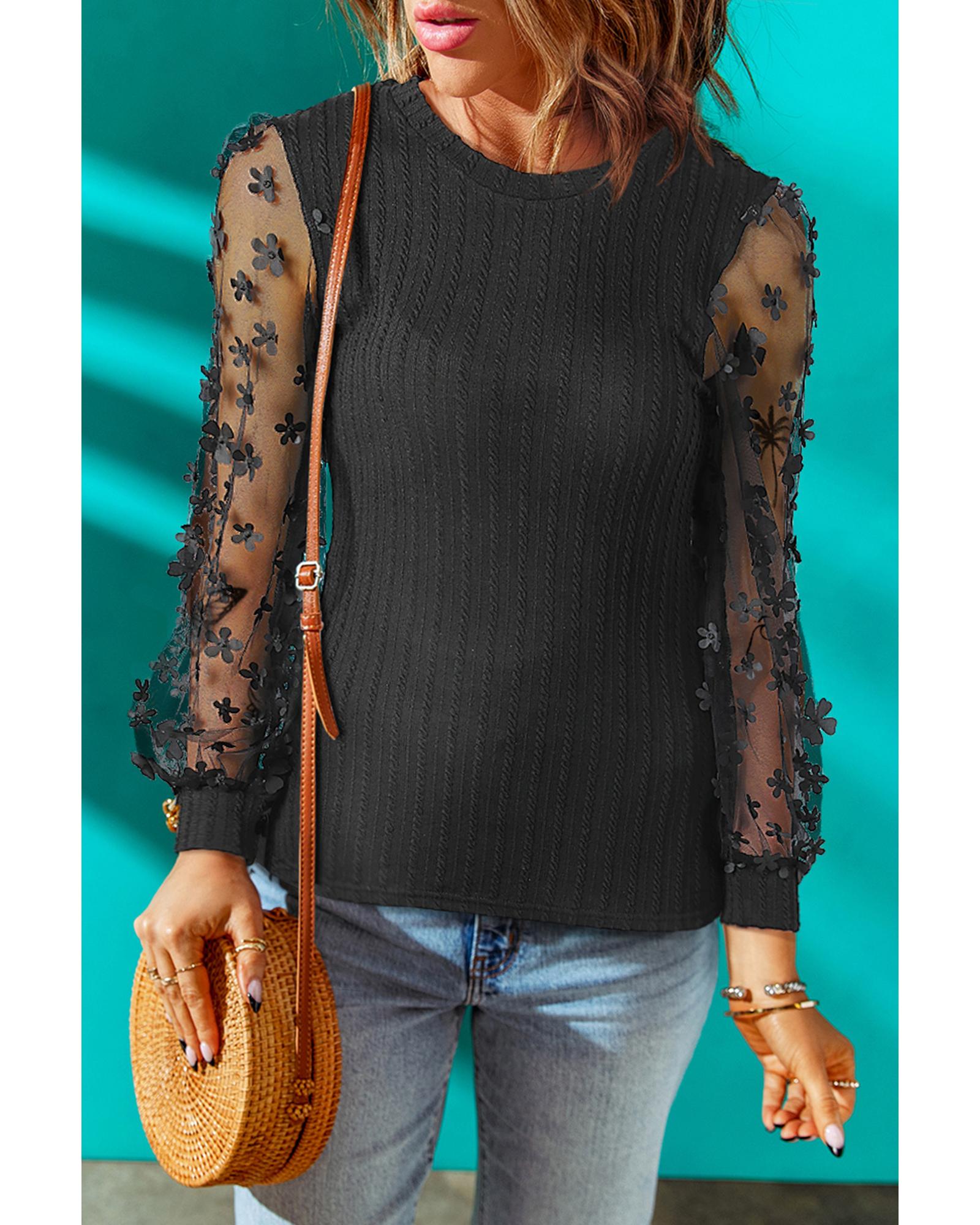 V539-AZEXDC25119092-2-XL-202508290625-00 Azura Exchange Textured Knit Blouse with Floral Applique Mesh Sleeves - XL - Image 1