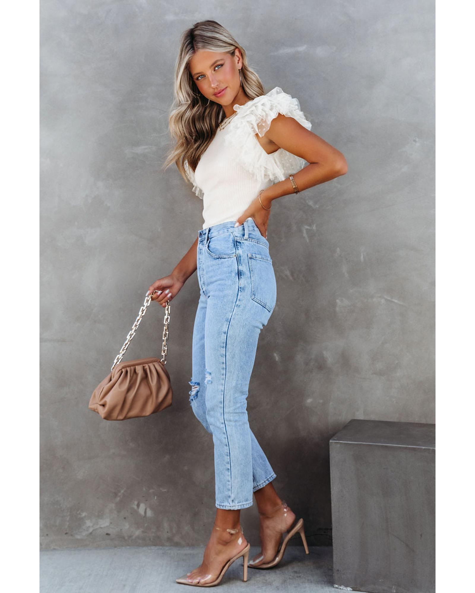 V539-AZEXDC25119492-15-L-202508261800-00 Azura Exchange Dotty Mesh Ruffle Sleeve Ribbed Knit Top - L - Image 1