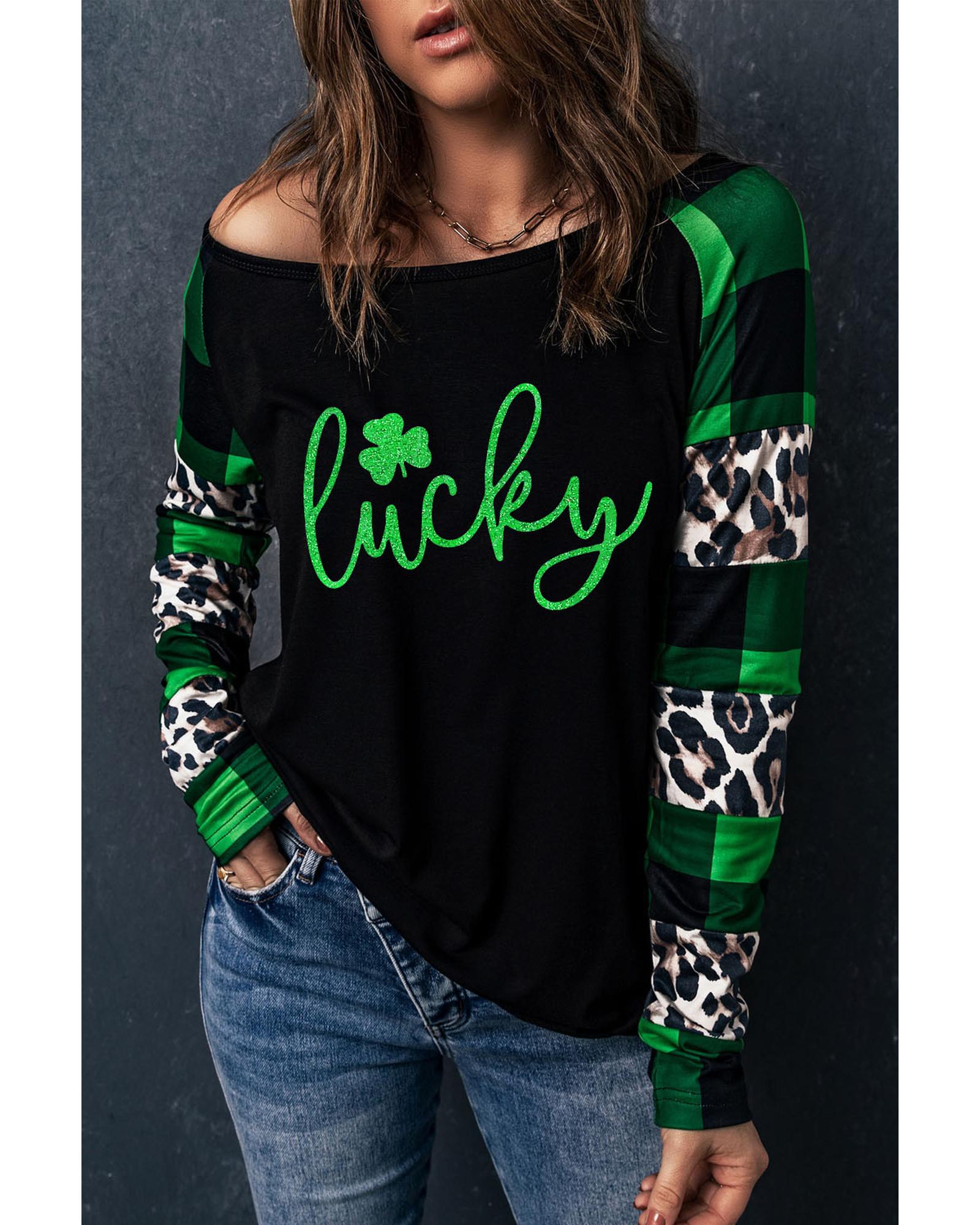 V539-AZEXDC25119945-9-S-202508261040-00 Azura Exchange Lucky Clover Glitter Pattern Leopard Plaid Top - S - Image 1