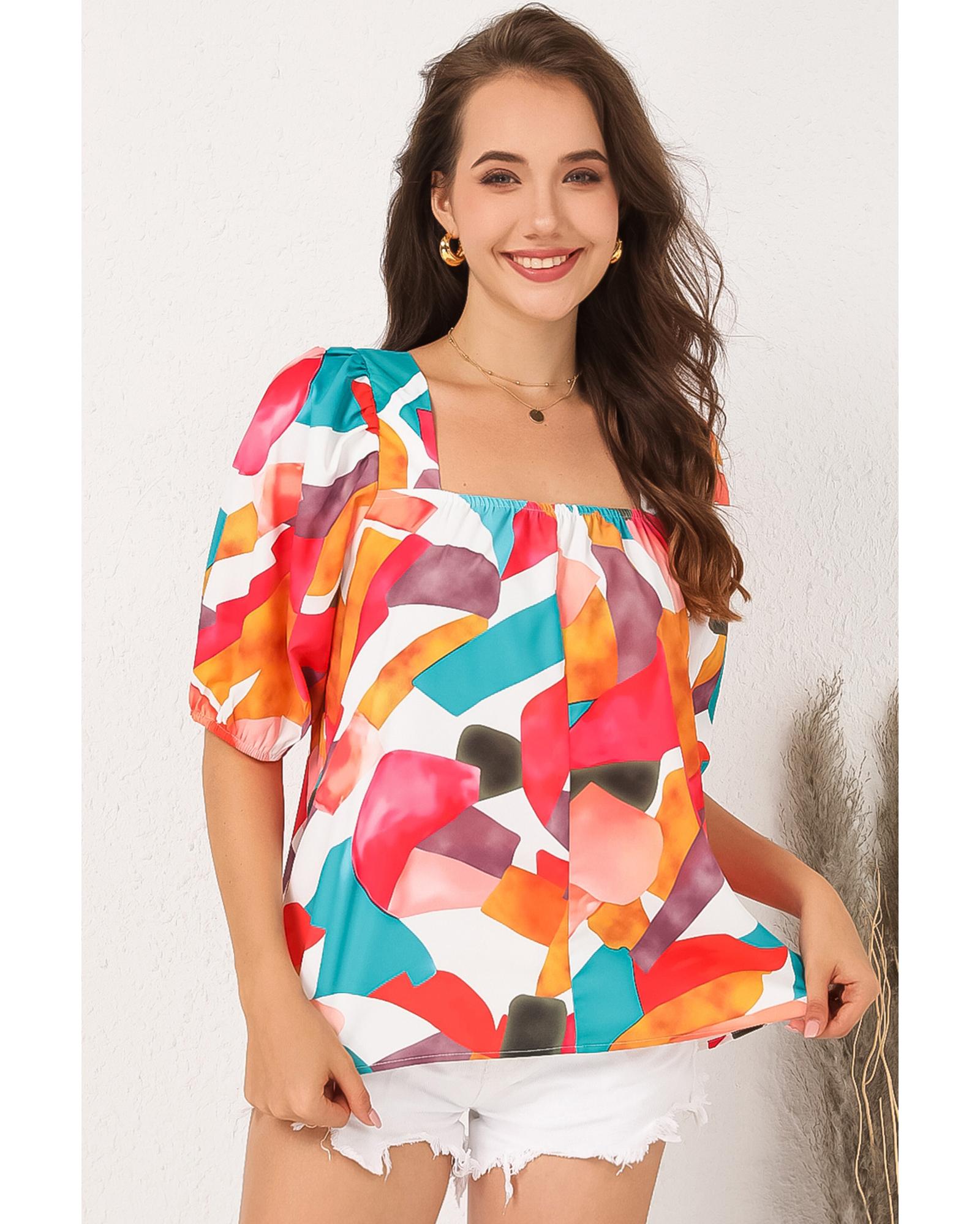 V539-AZEXDC25121118-22-XL-202508290555-00 Azura Exchange Abstract Print Square Neck Short Sleeve Blouse - XL - Image 1