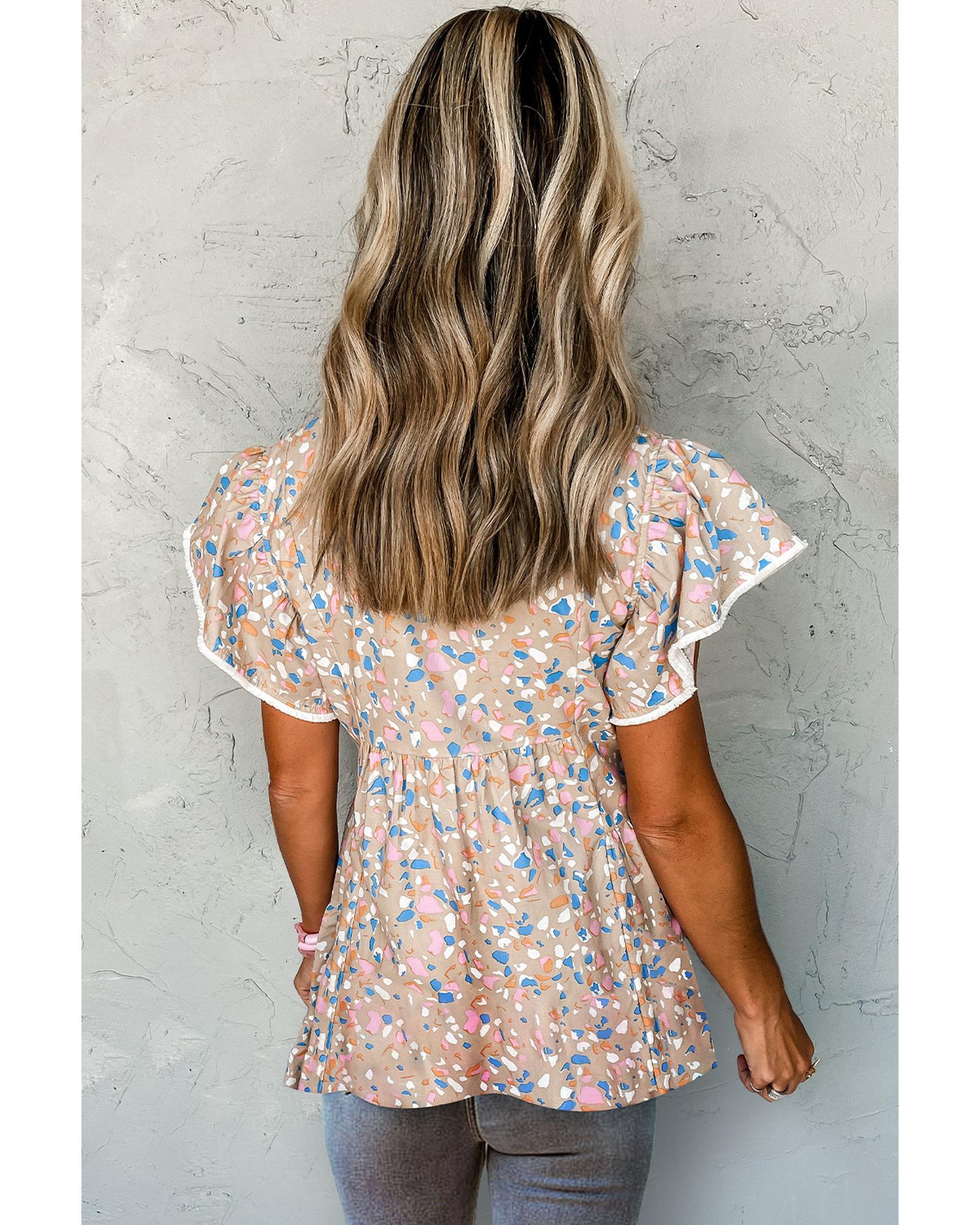 V539-AZEXDC25121291-16-L-202508290725-00 Azura Exchange Crisscross V Neck Ruffle Sleeve Printed Flowy Blouse - L - Image 1