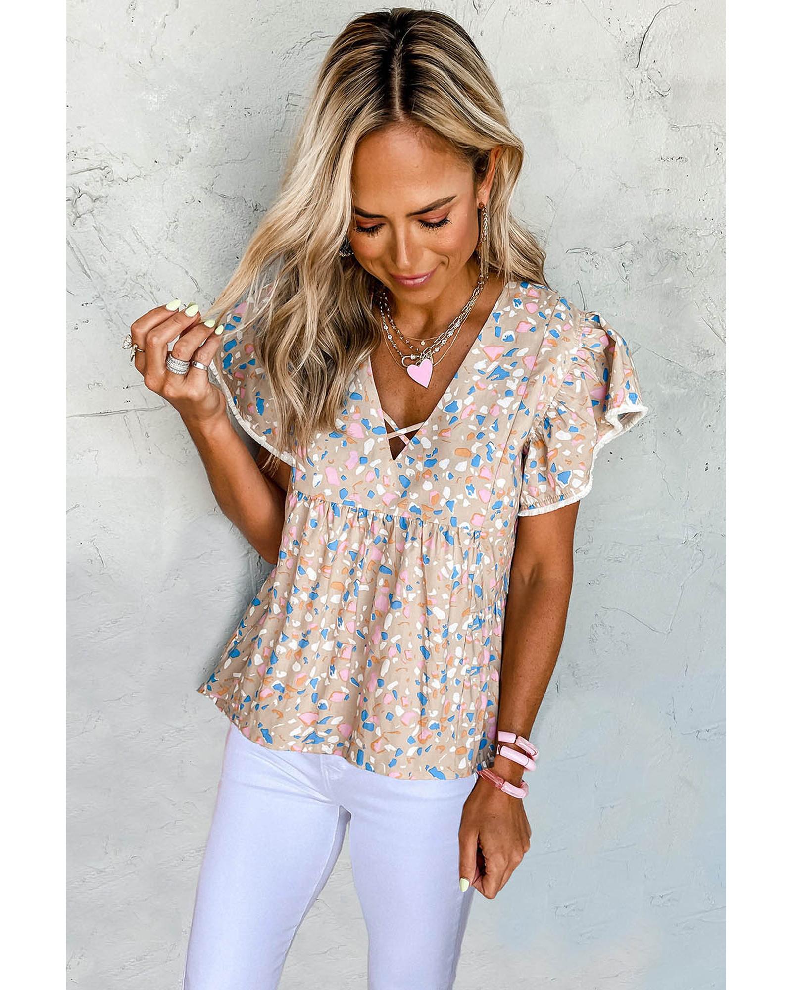 V539-AZEXDC25121291-16-M-202508261840-00 Azura Exchange Crisscross V Neck Ruffle Sleeve Printed Flowy Blouse - M - Image 1