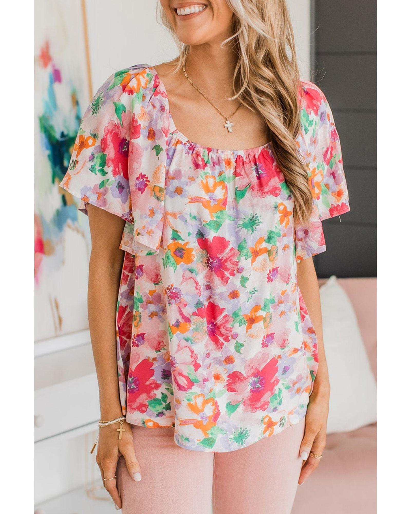 V539-AZEXDC25121318-22-M-202508262210-00 Azura Exchange Watercolor Floral Ruffle Sleeve Blouse - M - Image 1