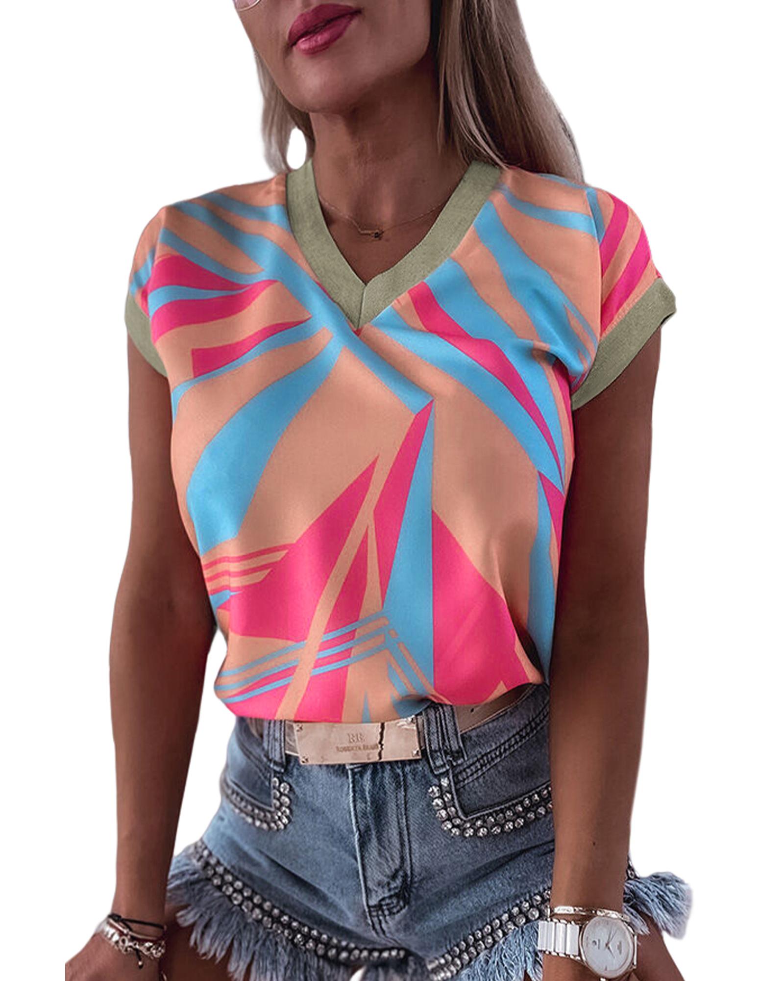 V539-AZEXDC25121419-14-XL-202508290950-00 Azura Exchange Geometric Print V Neck Blouse - XL - Image 1