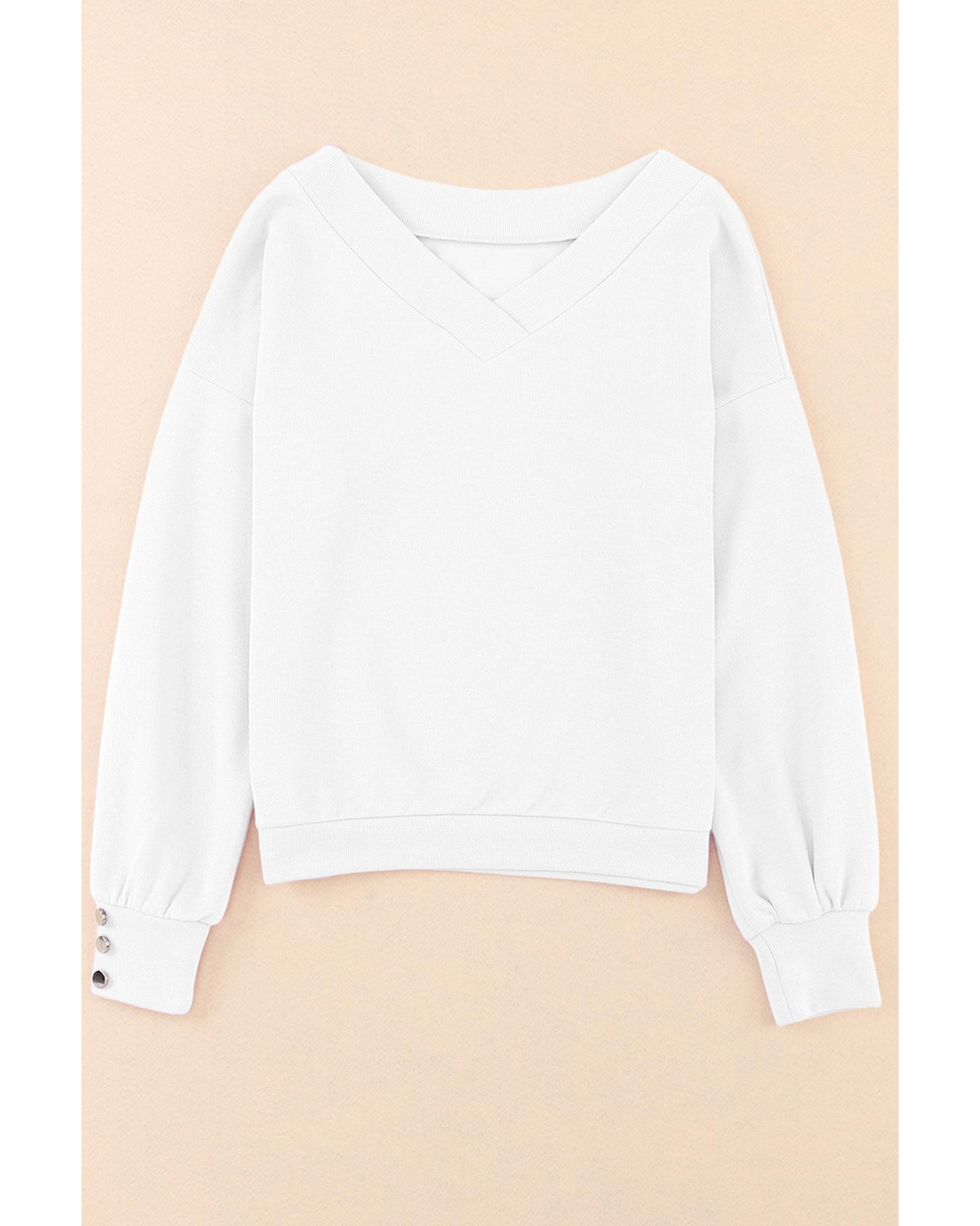 V539-AZEXDC25121618-1-M-202506112306-00 White Knitted V Neck Buttoned Cuffs Sweater - M - Image 1